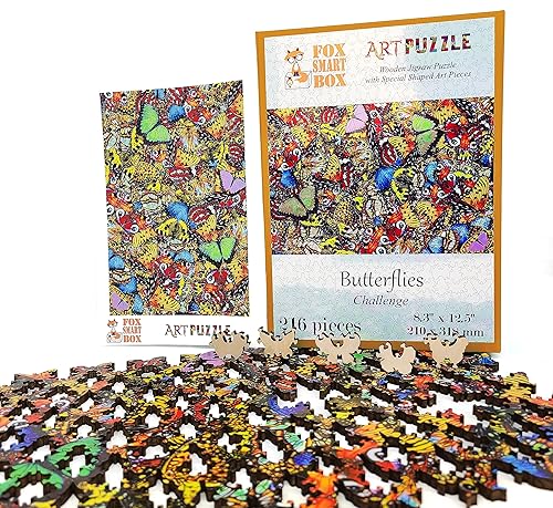 Miniatura 4 de Rompecabezas de madera para adultos, piezas de forma única, fabricado en los Estados Unidos por FoxSmartBox - 216 piezas - Challenge. Mariposas
