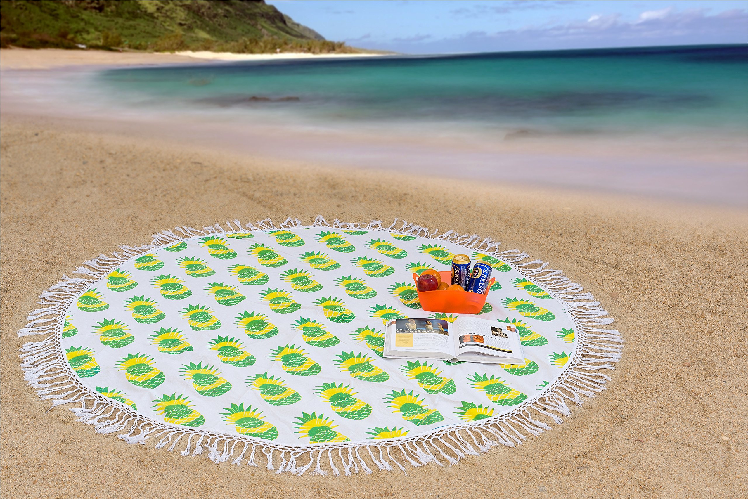 Handicraft-Palace Greem Pineapple Printed Round Beach Blanket Throw Picnic Mat Round Tapestry Beach Throw 72" Roundie Yoga Mat Round Wall Hanging Blanket