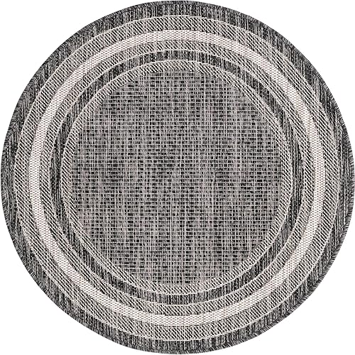 Unique Loom - Colección Outdoor Border - Tapete para exteriores de borde suave - 3pies 1pulgada, redondo, negromarfil