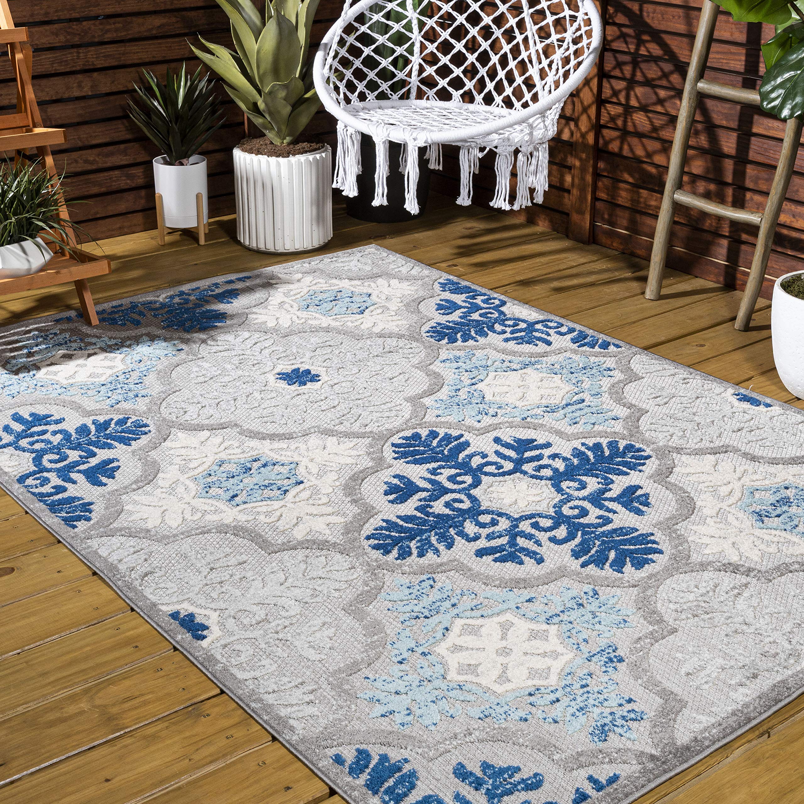 JONATHAN Y AMC105B-4 Cassis Ornate Ogee Trellis High-Low Indoor Outdoor Area-Rug Bohemian Floral Easy-Cleaning High Traffic Bedroom Kitchen Backyard Patio Porch Non Shedding, 4 X 6, Light Gray/Blue