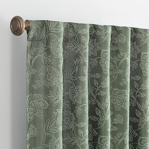 Miniatura 3 de Sun Zero Brookhaven - Juego de 2 paneles de cortinas plisadas bordadas con aspecto floral 100 % opaco, con pestaña trasera, 50 x 96 pulgadas, verde