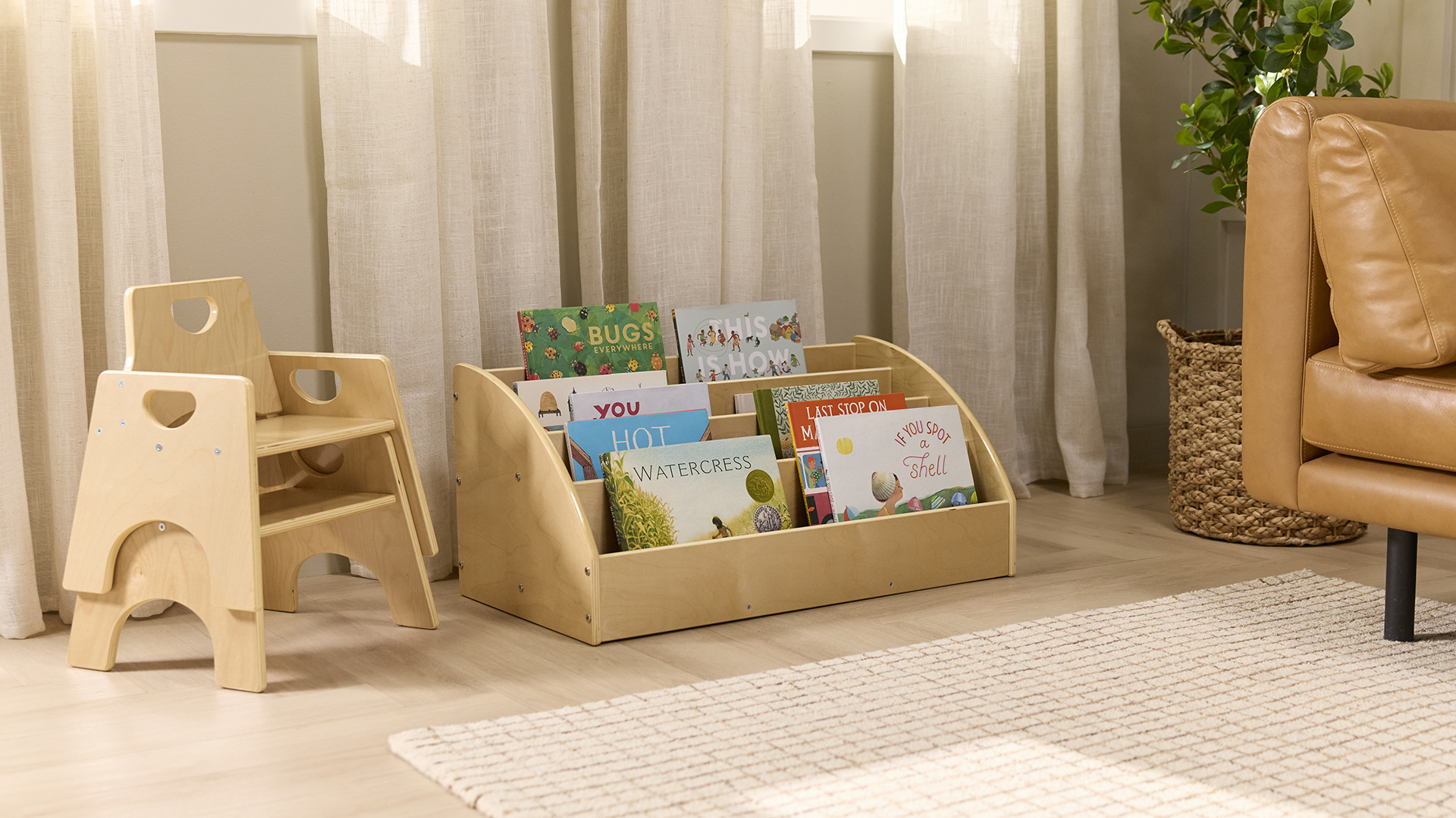 Image of Back2School Express 5-Tier Mobile Double-Sided Book Shelf, Rolling Book Display with Wheels, Classroom & Daycare Storage, Natural Birch