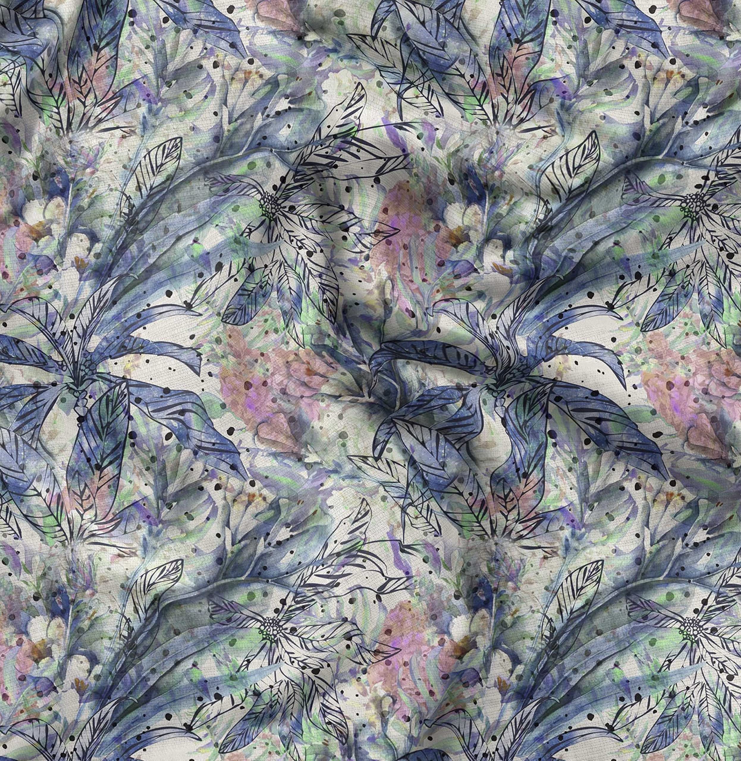 Soimoi Cotton Jersey Blue Fabric - by The Yard - 58 Inch Wide - Flower & Leaves Watercolor Palette Material - Botanical and Soft Patterns for Stylish
