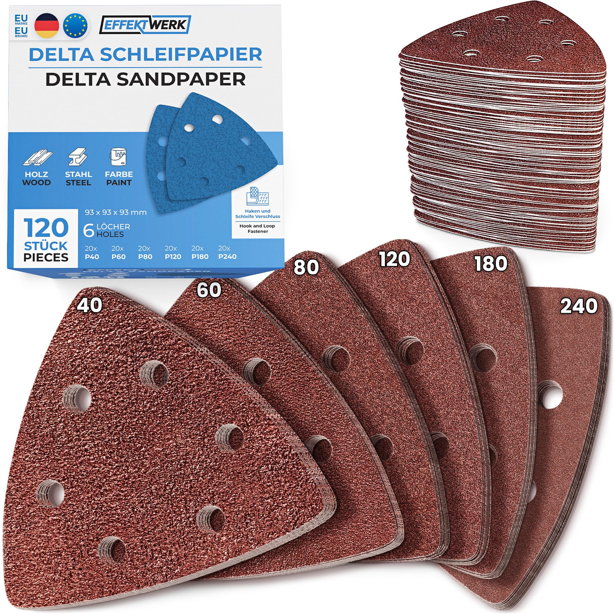 EffektWerk - Delta Schleifpapiere - 120 Stück, 6 Löcher - 93 x 93 x 93mm Dreieck-Schleifpads für Dreieckschleifmaschinen - Mehrere Körnungen (40, 60, 80, 120, 180, 240)