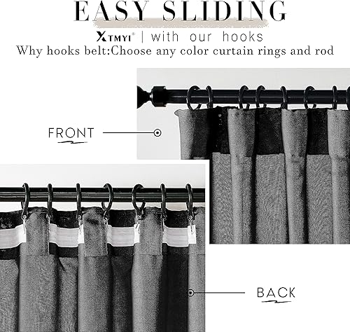 Miniatura 3 de XTMYI Cortinas negras de 108 pulgadas de largo para puerta corrediza de vidrio, juego de 2 paneles de ganchos de lino, cortinas plisadas para telón