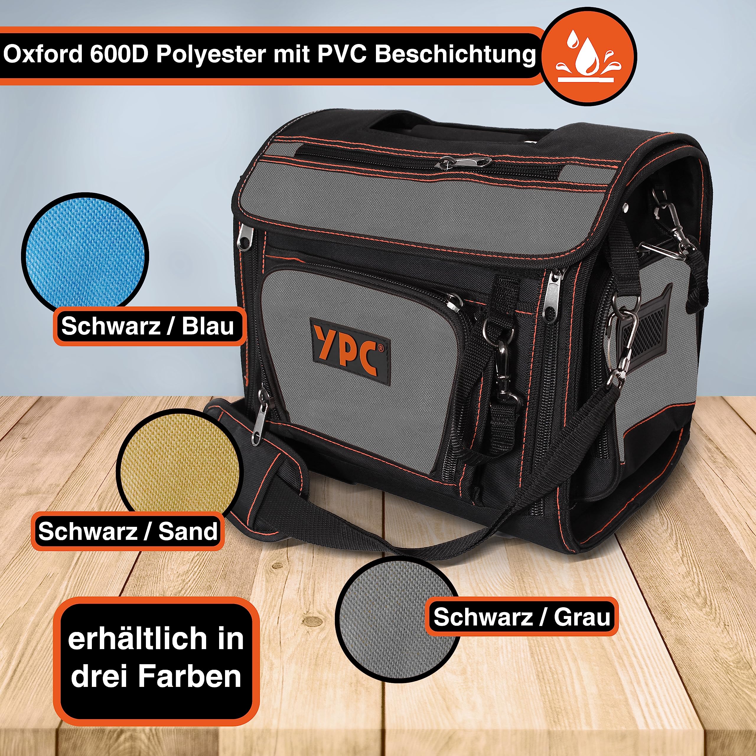 YPC Foreman torba narzędziowa XL – przenośna torba do przechowywania z karabińczykiem, wodoodporna, odporna na rozerwanie, stabilny metalowy uchwyt i pasek na ramię z wyściółką, szaro-czarna, 37 x 36