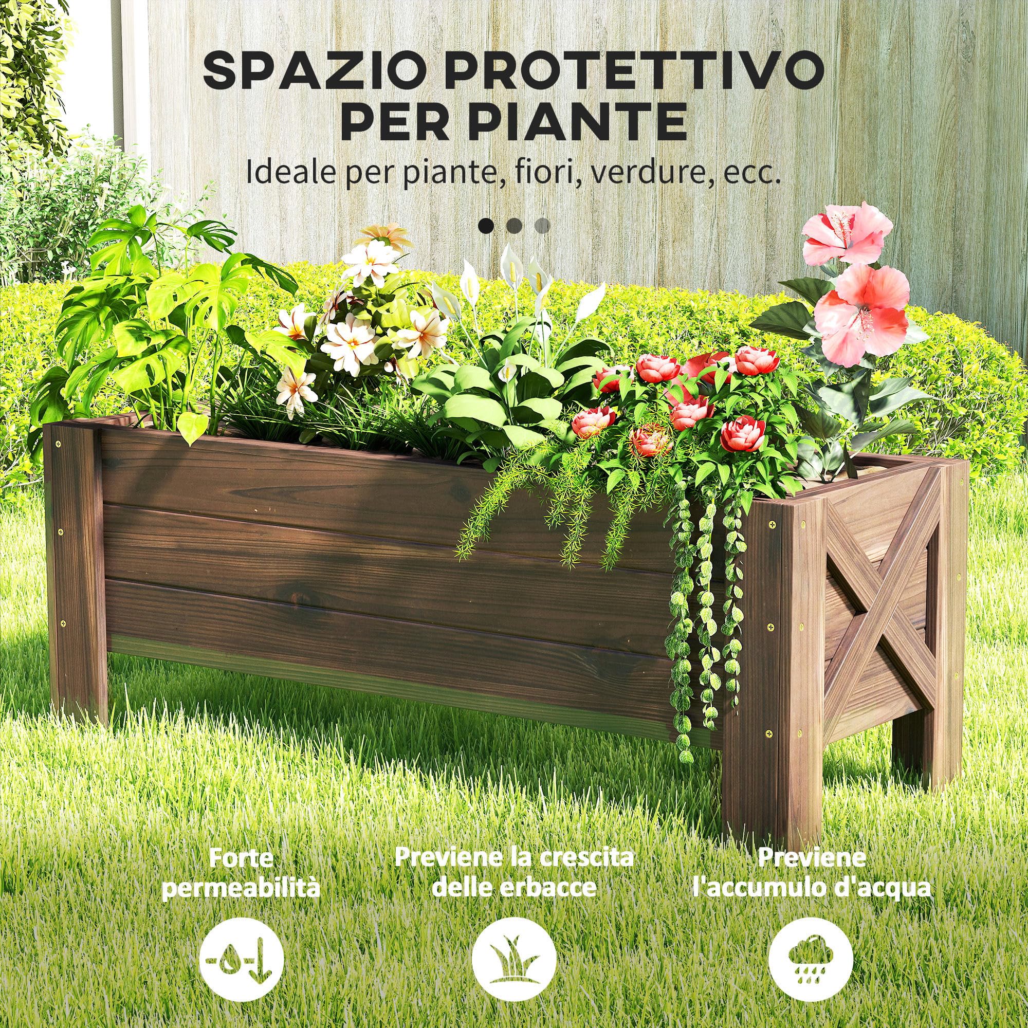 Outsunny Fioriera da Esterno in Legno Rettangolare, Aiuola Rialzata Portapiante Vaso per Orto da Esterno, 100x36.5x36cm