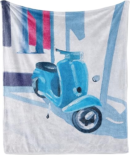 Ambesonne Country Throw Blanket, Mini Scooter in Soft Mediterranean Mid Day Italian Town Life Art Paint Print, Flannel Fleece Accent Piece Soft