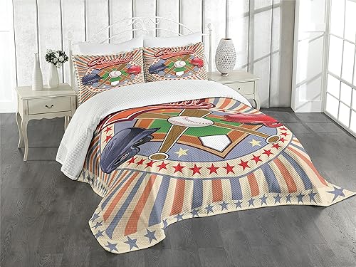 Miniatura 1 de Ambesonne Colcha de béisbol, diseño retro de arte pop de softbol, logotipo de softbol, diseño de rayas verticales, estampado de juego de murciélago