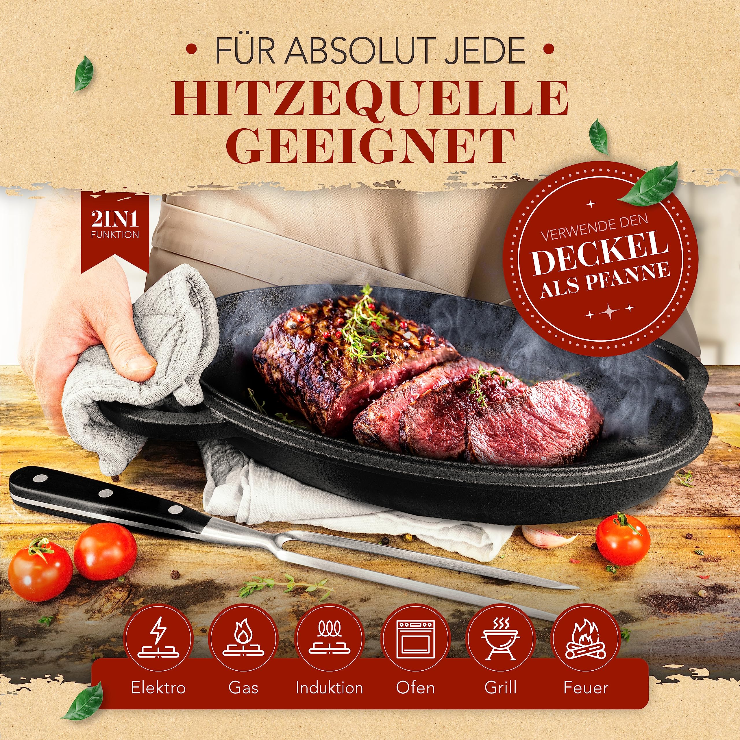 KRUSTENZAUBER Casseruola in ghisa da 35 cm con coperchio, adatta al forno [forchetta per carne] XXL adatta al forno