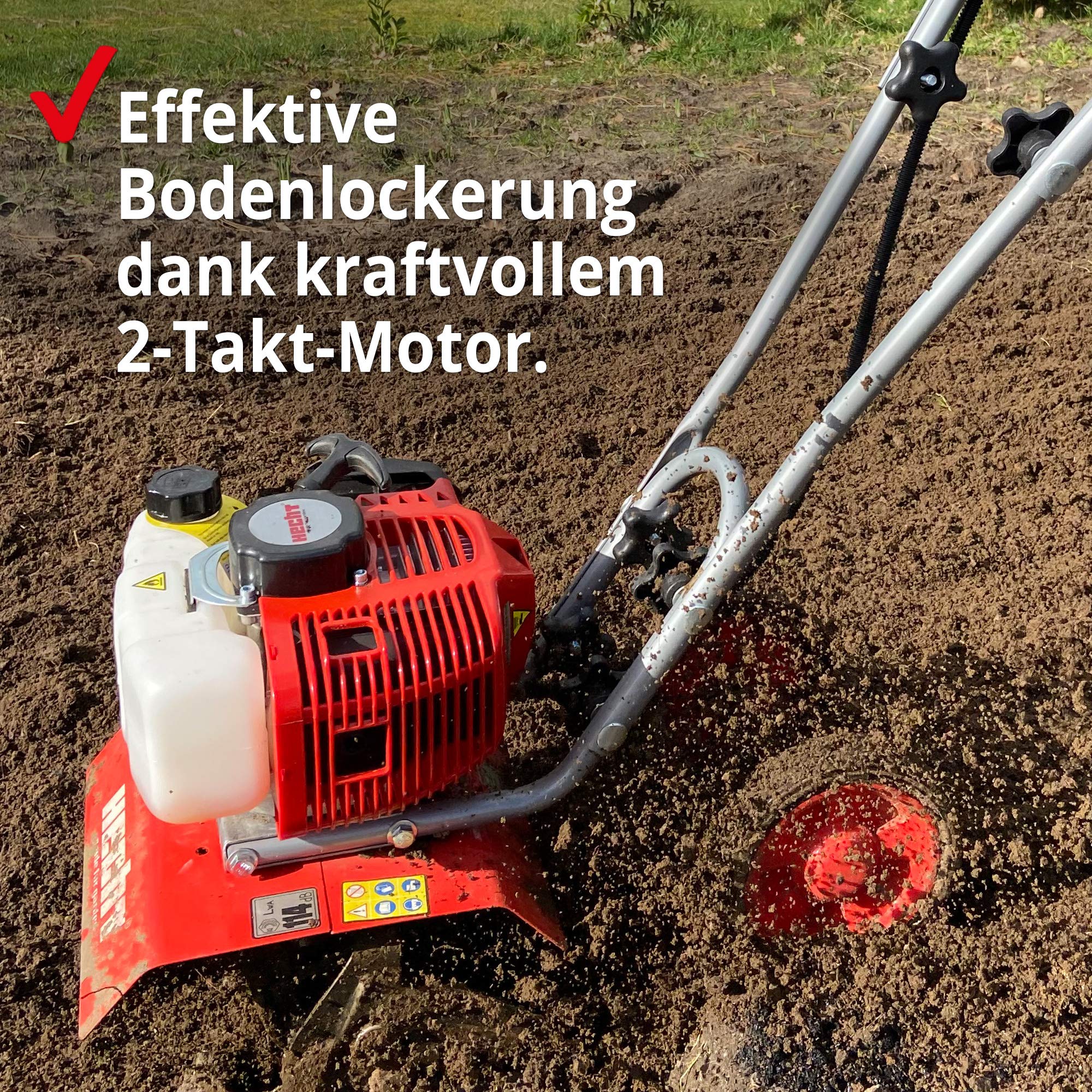 HECHT Benzin Gartenhacke Effektive Bodenbearbeitung mit 25 cm Arbeitsbreite – 2-Takt Motor – 16 Harte Messer – Motorhacke – Bodenfräse – Bodenhacke – Kultivator – zum Garten umgraben und lockern