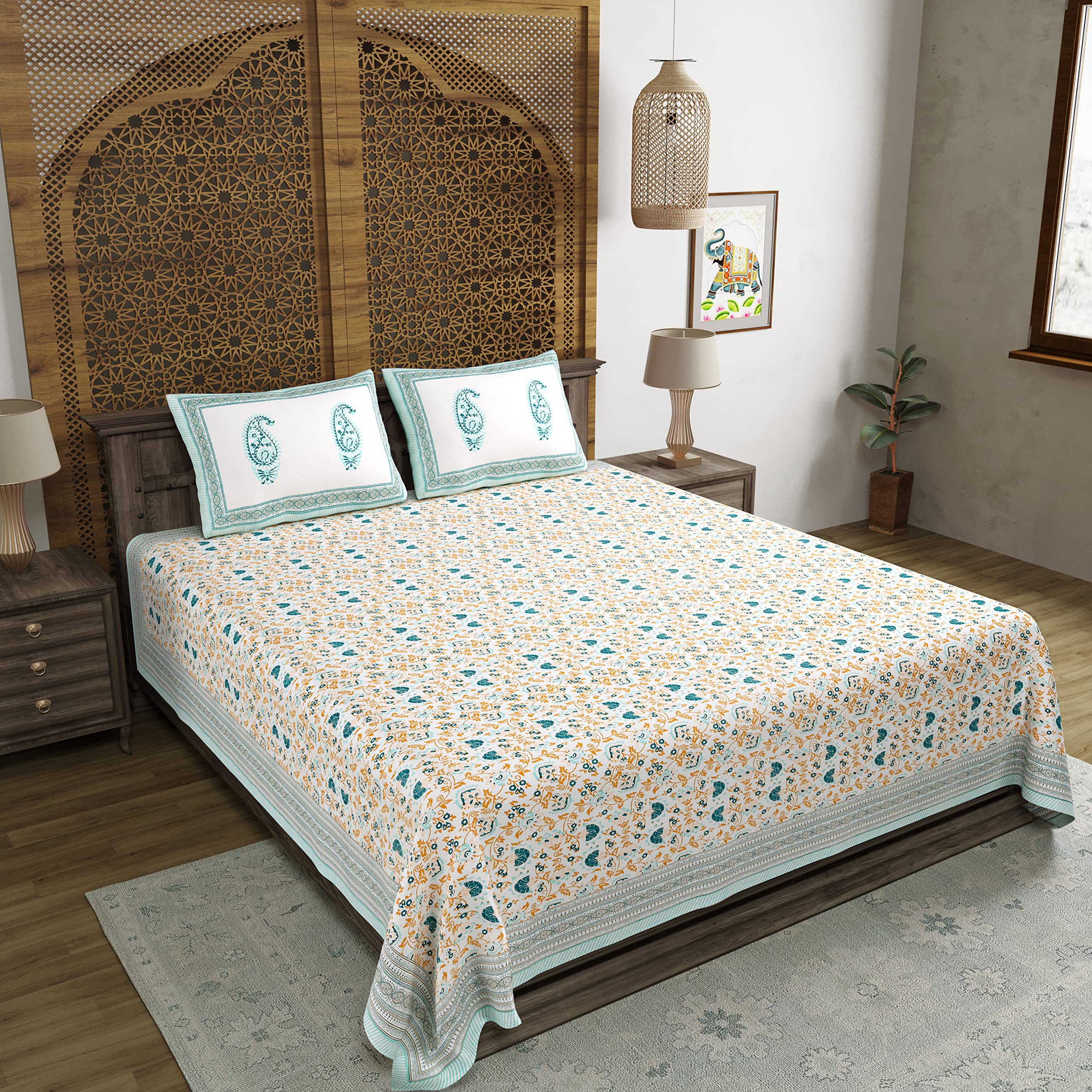 BLOCKS OF INDIA Hand Block Printed 200 TC Cotton King Size Bedsheet (Turquoise JAAL) 1