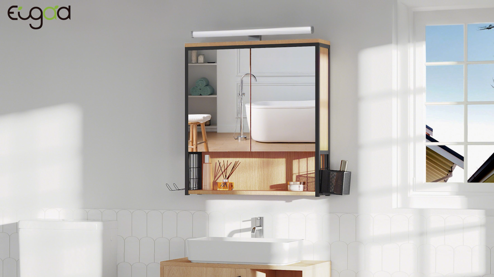 Armoire Salle De Bain Avec Miroir éclairage LED - 80x19x60 Cm, 3 étagères Réglables, Support Sèche-cheveux - Style Campagne - 10