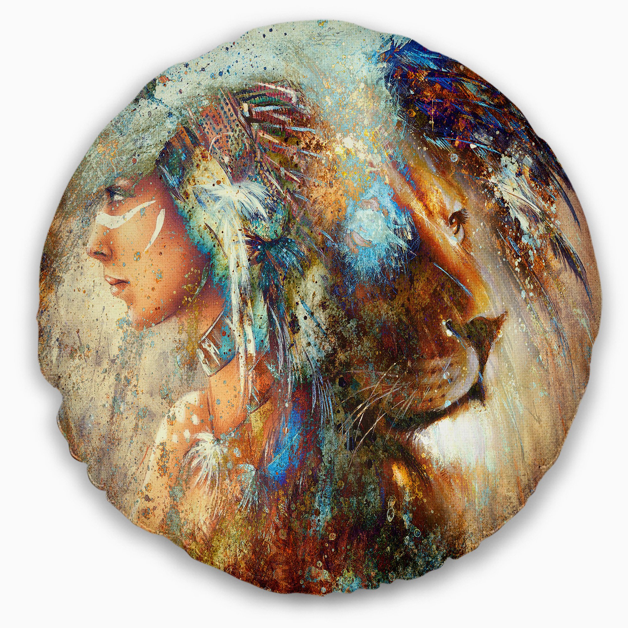 Designart CU6090-20-20-C Woman Collage with Lion' Indian Throw Pillow, 20 Inches Round,