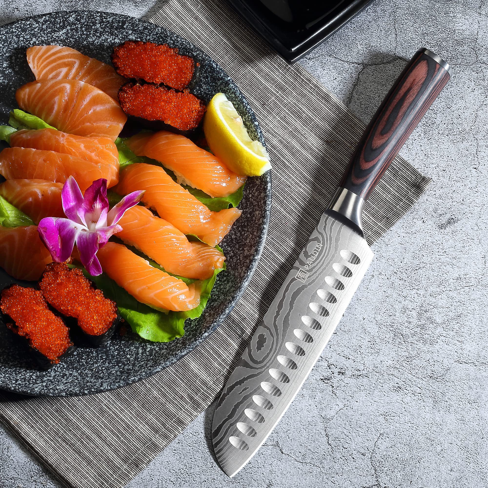 PAUDIN Set Couteau Cuisine Professionnel 5 Pièces Acier Inoxydable Couteau Chef Santoku Bois