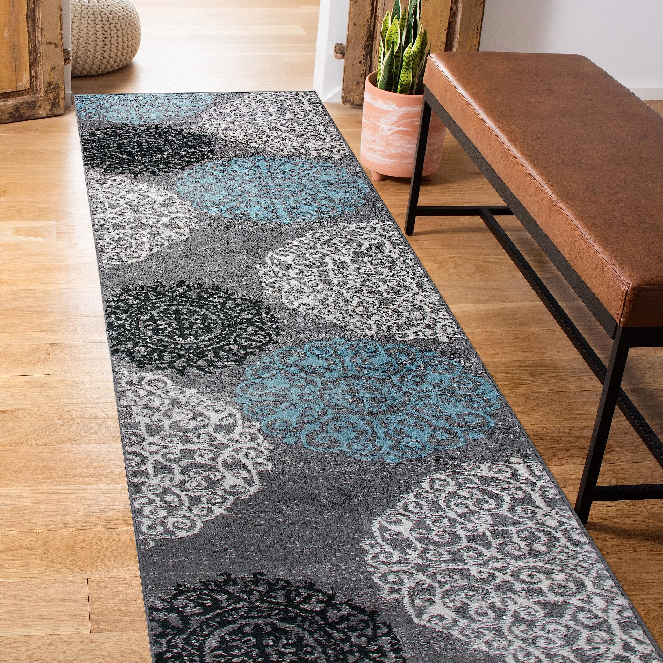 Rugshop Contemporary Modern Floral Perfect for high Traffic Areas of Your Living Room,Bedroom,Home Office,Kitchen Runner Rug 2' x 10' Gray