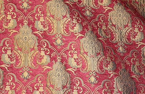 Damasco, chenilla, tapicería, tela de cortina, se vende por yarda 58 pulgadas de ancho (rojodorado)
