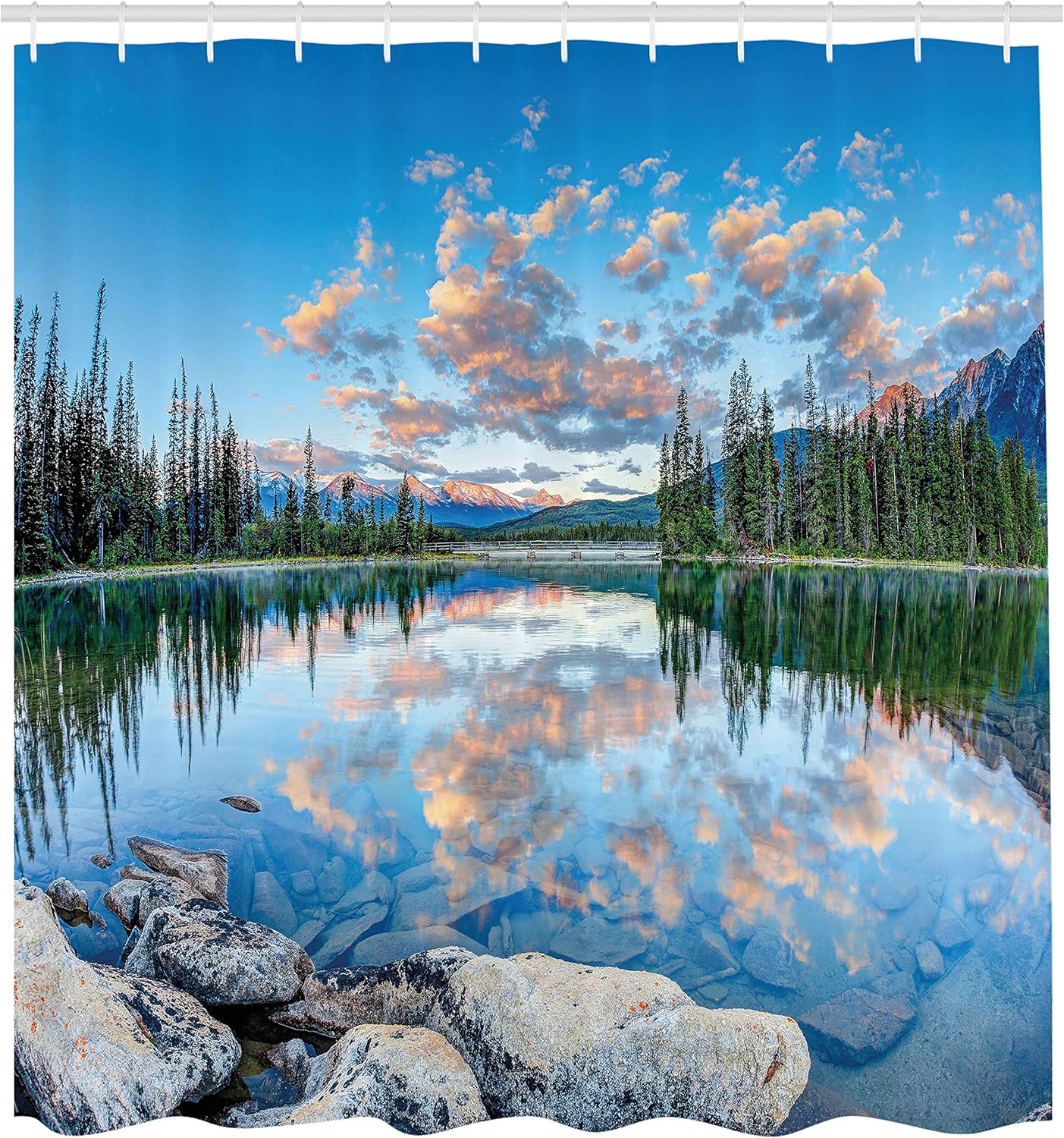 Ambesonne Nature Shower Curtain, View of Golden Yellow Sunrise Skyline at Pyramid Lake Tranquility Canadian Scenery, Cloth Fabric Bathroom Decor Set with Hooks, 69" W x 70" L, Blue Green