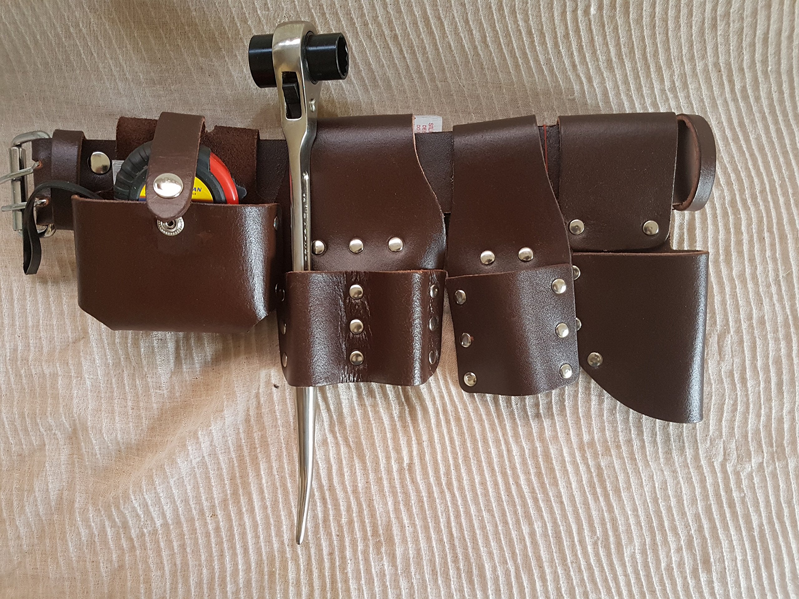 Bbi Ltd Brown Scaffolding Leather Bbi Tool Work Belt With Tool Set Spanner Ratchet Level Tapepouch/Pockets/Frog (Belt 1721 Ratchet Tape)
