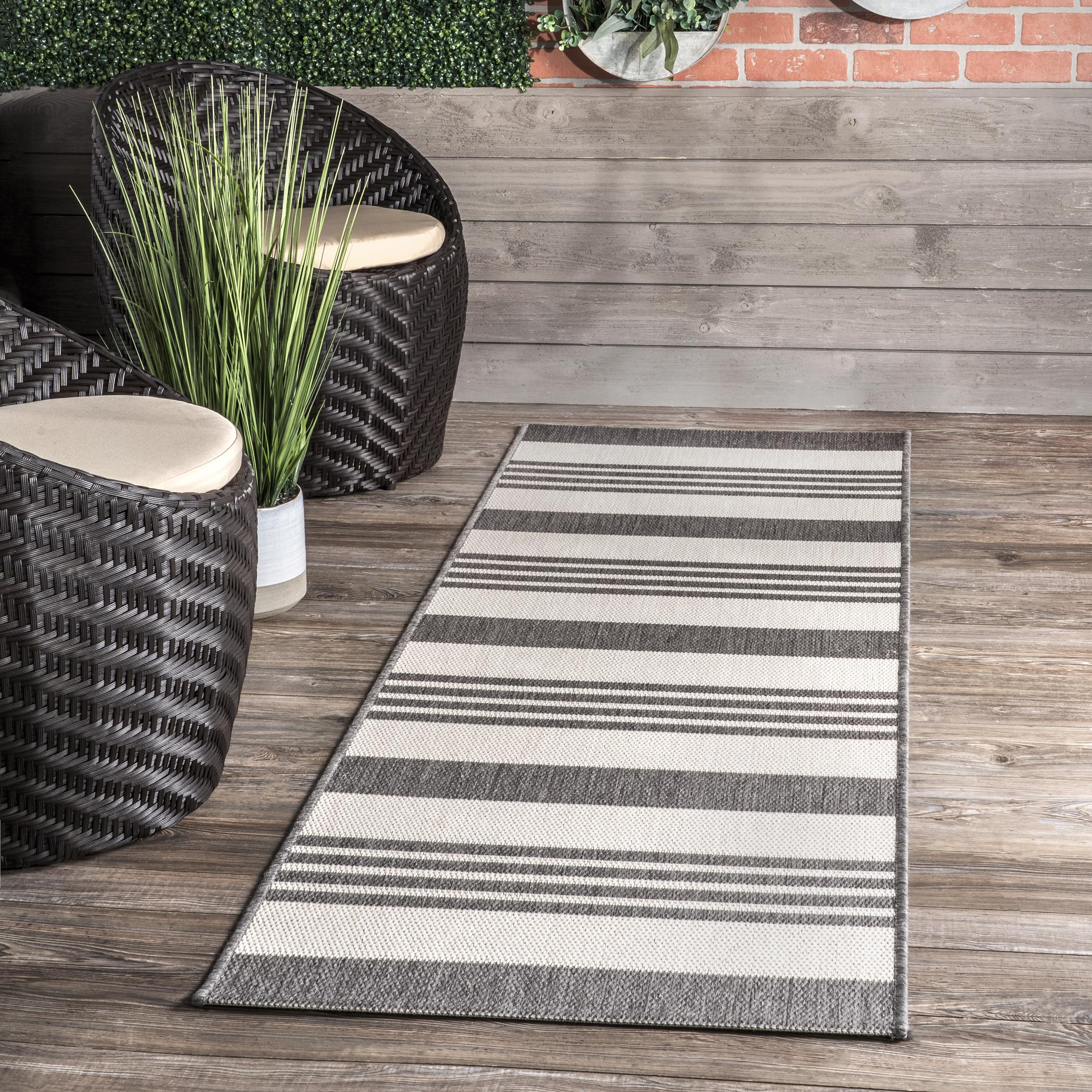 nuLOOM Robin Multi Stripe Indoor/Outdoor Runner Rug, 2' x 8', Grey/Beige, Rectangular, 0.1" Thick