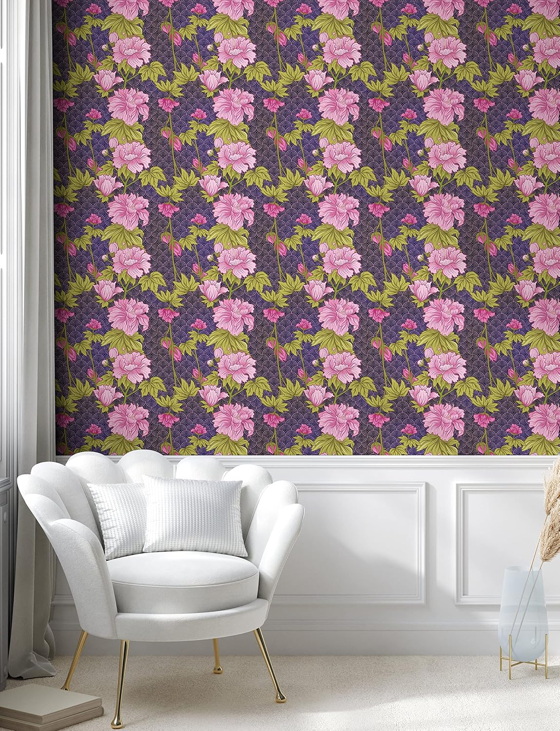Lunarable East Peel & Stick Wallpaper for Home, Pattern with Pink Peony in Japanese Style on Scale Backdrop, Self-Adhesive Living Room Kitchen Accent, 13" x 100", Dark Purple Pale Green