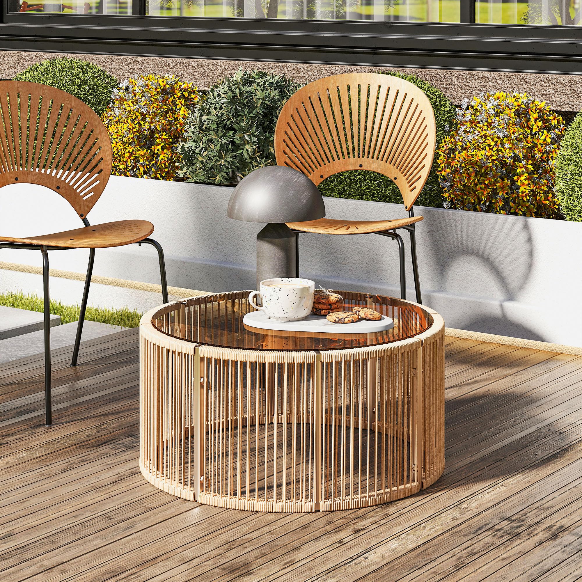 Outsunny Table Basse de Jardin Ronde en Résine Tressée, Table d'Appoint avec Plateau en Verre Trempé et Cadre en Acier Galvanisé, 70x70x33cm, Marron