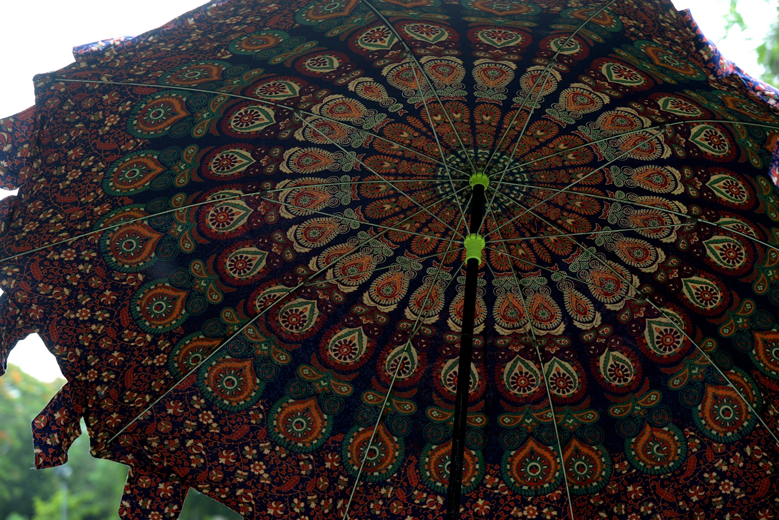Handicraft-Palace Blue Peacock Feather Mandala Printed Beach Garden Hotel Umbrella Cotton Large Outdoor Resort Lawn Umbrella Round Patio Parasol 2