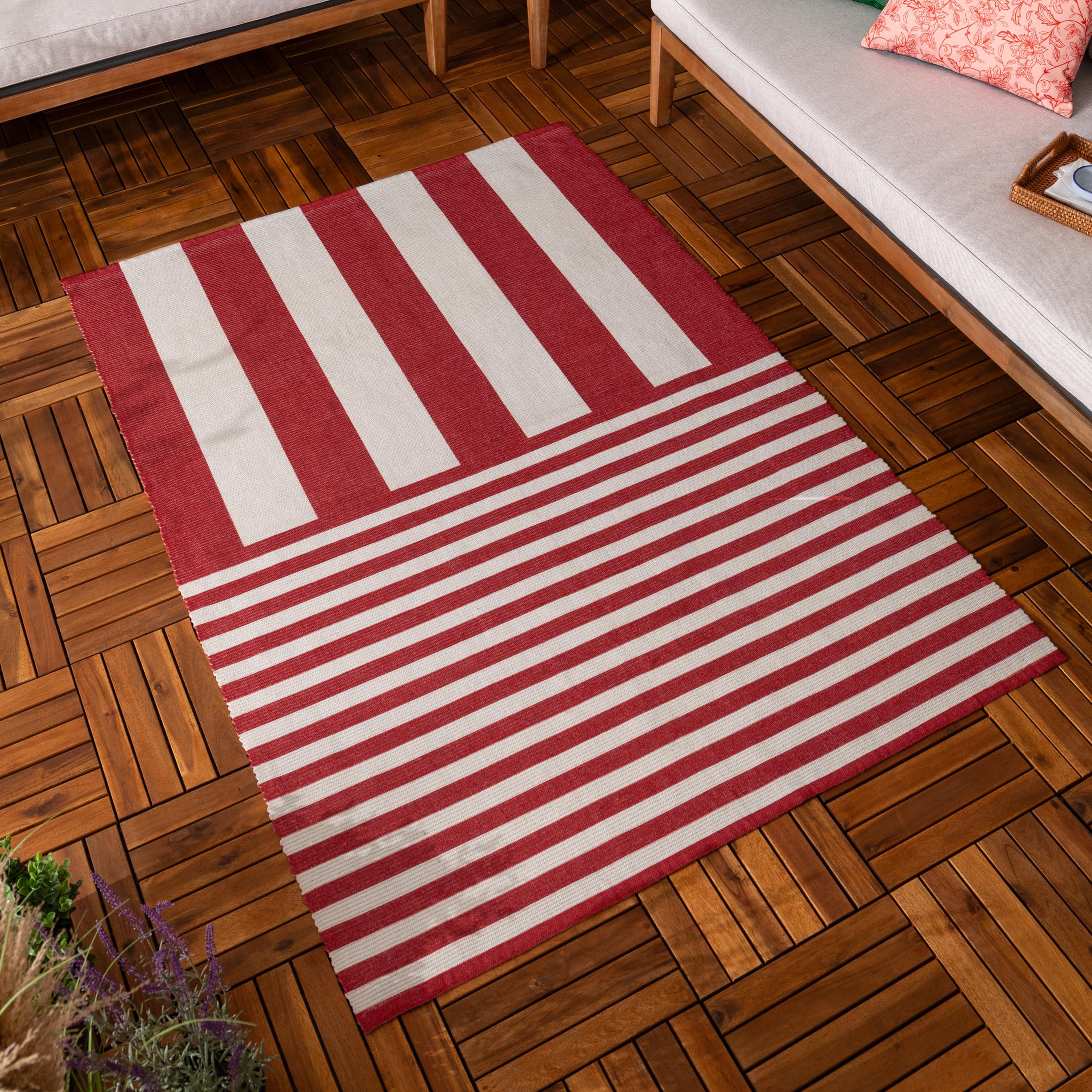 furn. Deck Stripe Tapis – Intérieur/Extérieur Rayé Lavable Résistant Aux Intempéries Léger Tapis (Blanc/Rouge - 120x170cm)