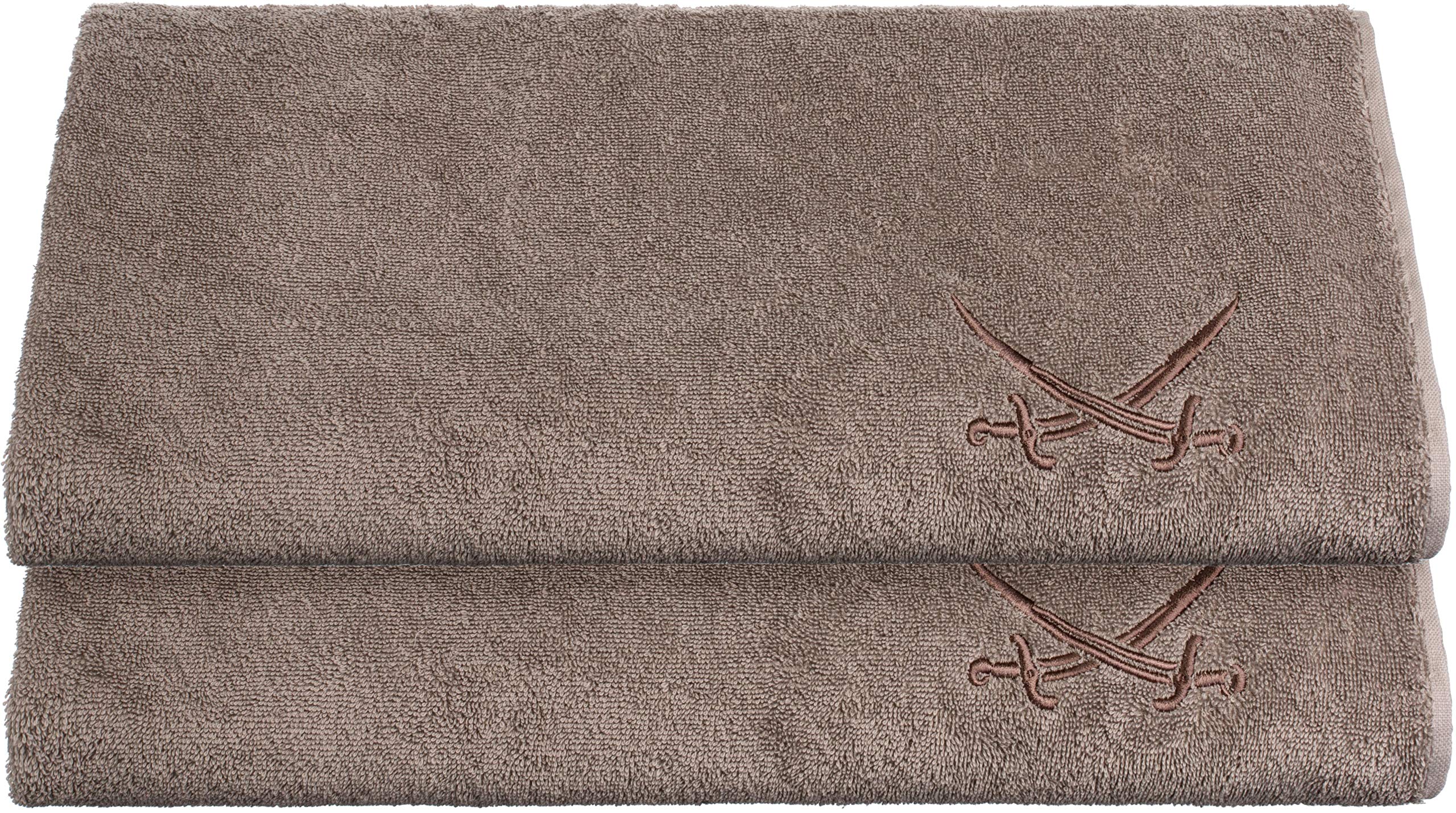 Sansibar 2er Set Badetuch 90x180 cm – saugstarkes Strandtuch/Saunatuch aus Baumwolle – Oeko-TEX zertifizierter Frottee – Sylt-Design mit gesticktem Säbel-Logo – Taupe