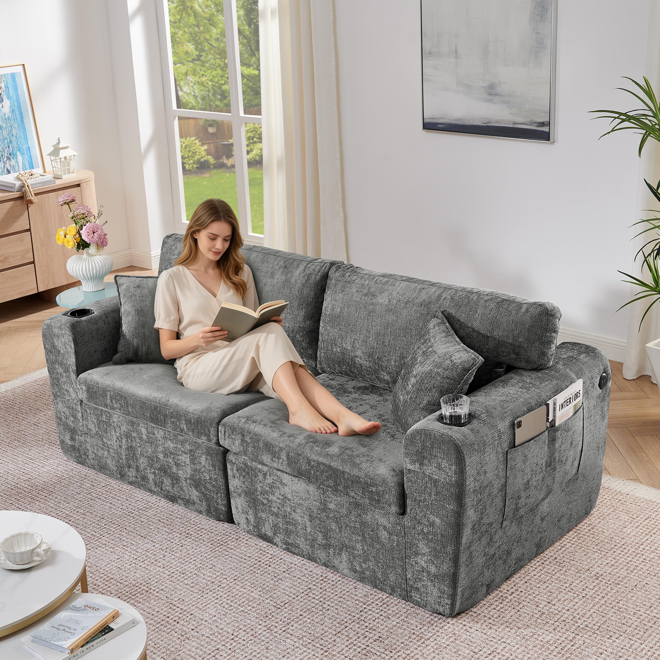 Sofá modular de 2 plazas Boneless con función de dormir de chenilla, color