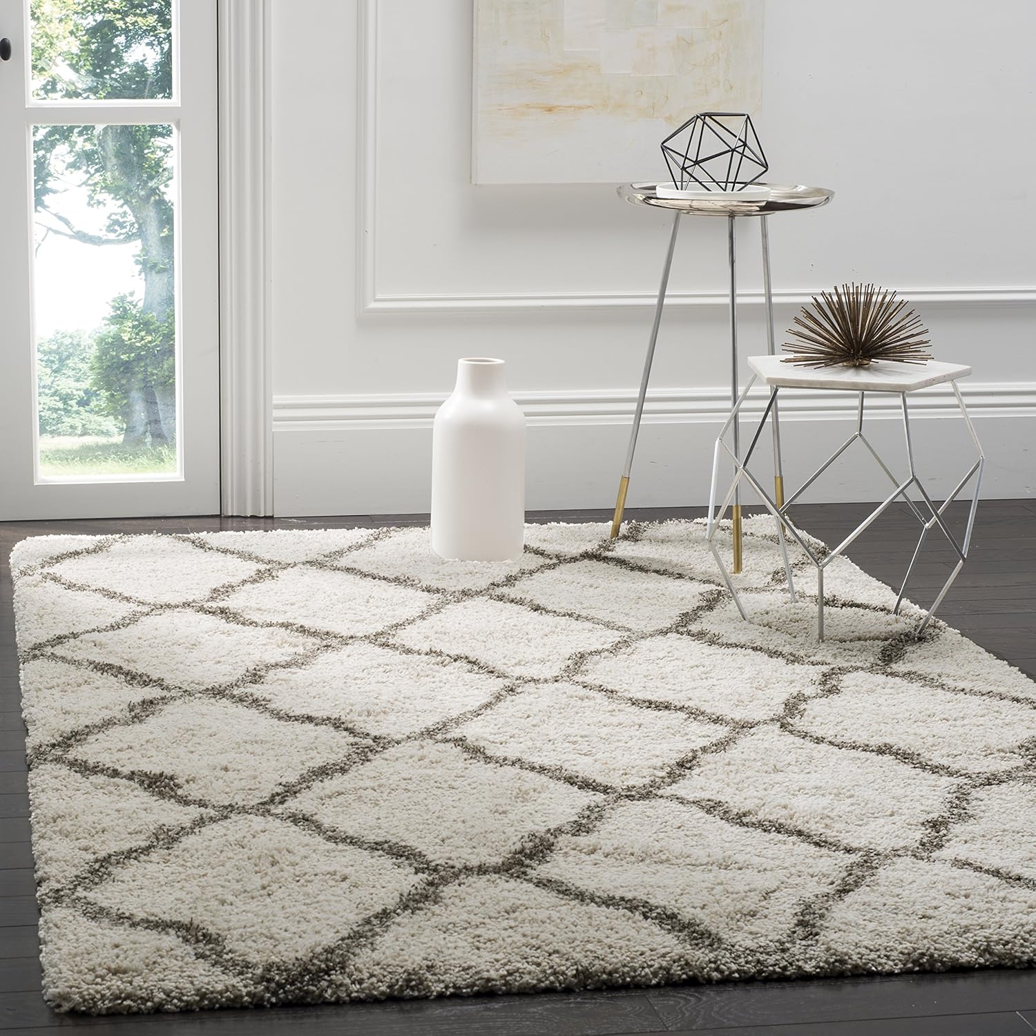 SAFAVIEH Hudson Shag Collection Area Rug - 5'3" x 7'6", Ivory & Grey, Moroccan Trellis Design, Non-Shedding & Easy Care, 2-inch Thick Ideal for High Traffic Areas in Living Room, Bedroom (SGH283A)