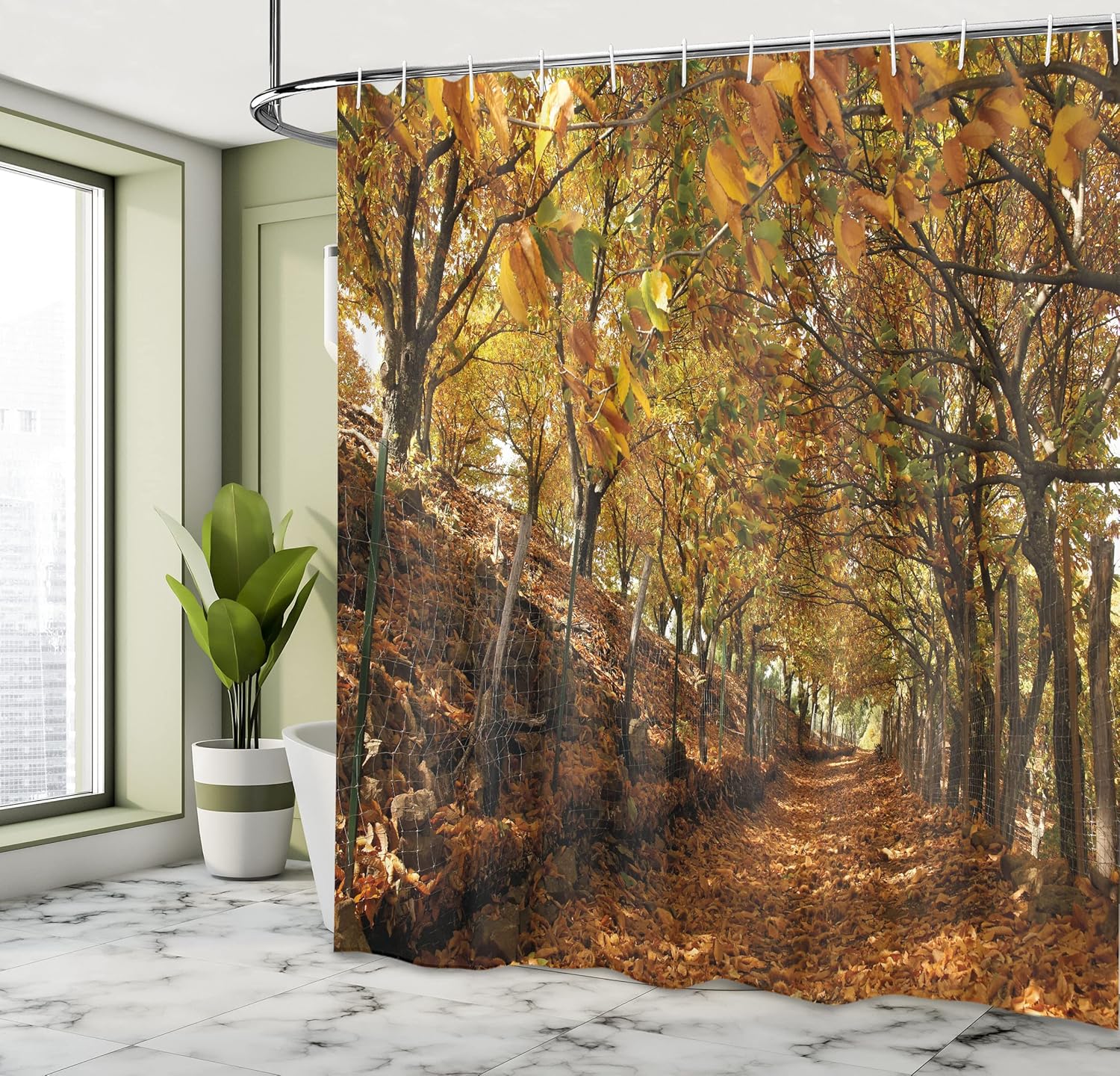 Ambesonne Nature Shower Curtain, Autumn Foliage Forest with Deciduous Trees Faded Fall Leaves Surreal Image, Cloth Fabric Bathroom Decor Set with Hooks, 69" W x 75" L, Brown Amber Marigold