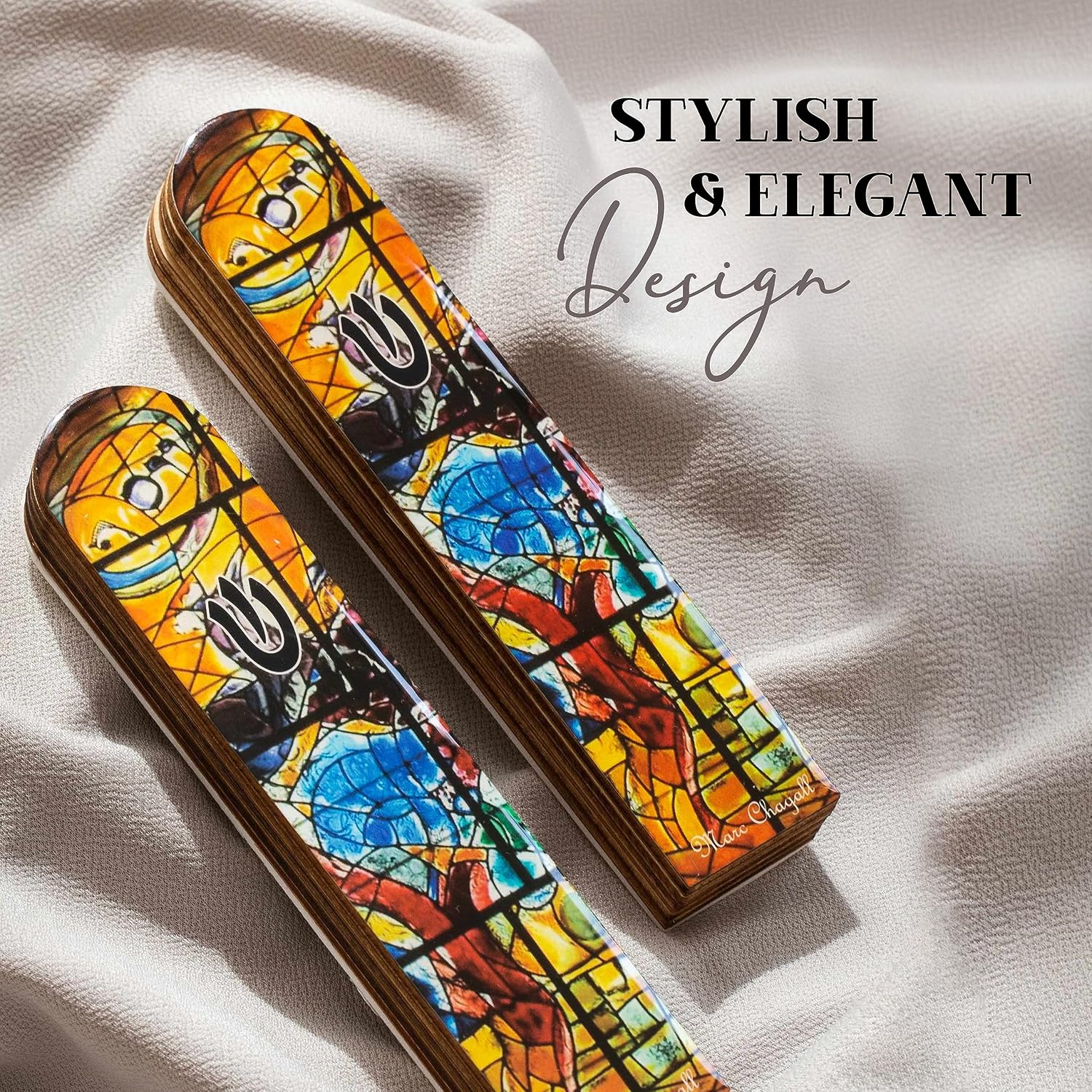SURI Wooden Mezuzah Case for Door – 5 Inch Yellow Chagall-Inspired Mezuza Cover with Printed Scroll, Self-Stick Adhesive, Fits a 4 Inch Scroll, Gift Box Included image 3