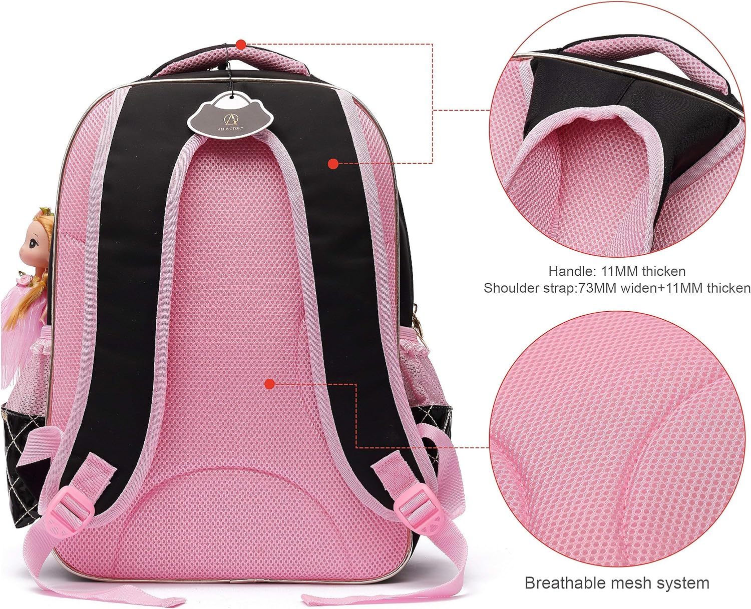 AO ALI VICTORY Backpack for Girls, Waterproof Kids Backpacks School Bag Toddler Bookbags Cute Travel Daypack (Large, A-Black) - Image 4