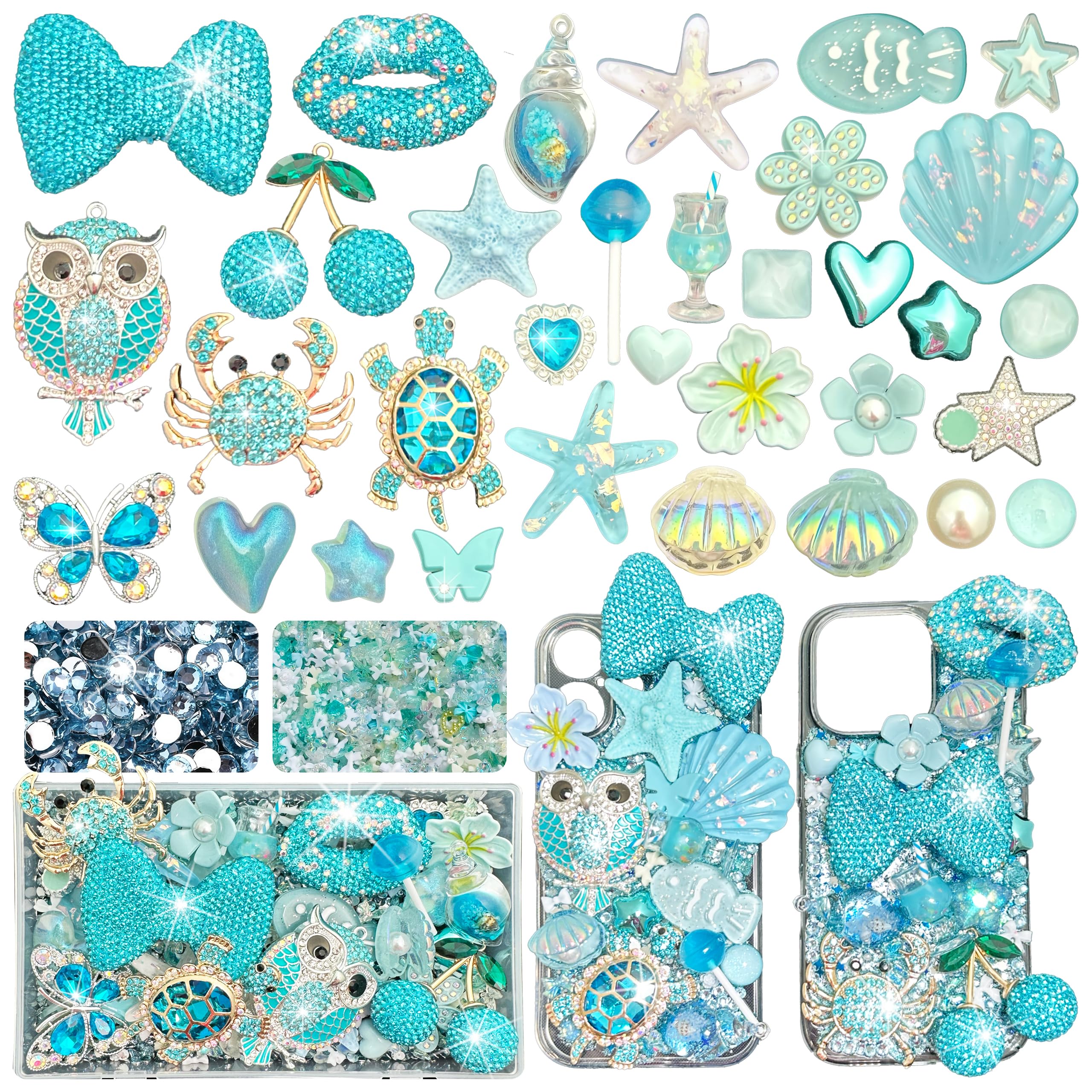BBATT-HAPPY Blue Junk Case Charms Kit, Junks Phones Cases 3D Diamond Lips Owl and Bows Cherry Turtle Seashell Ocean Style and Other Refreshing Bedazzling Kits Can Be Used in DIY Phone Case Designs
