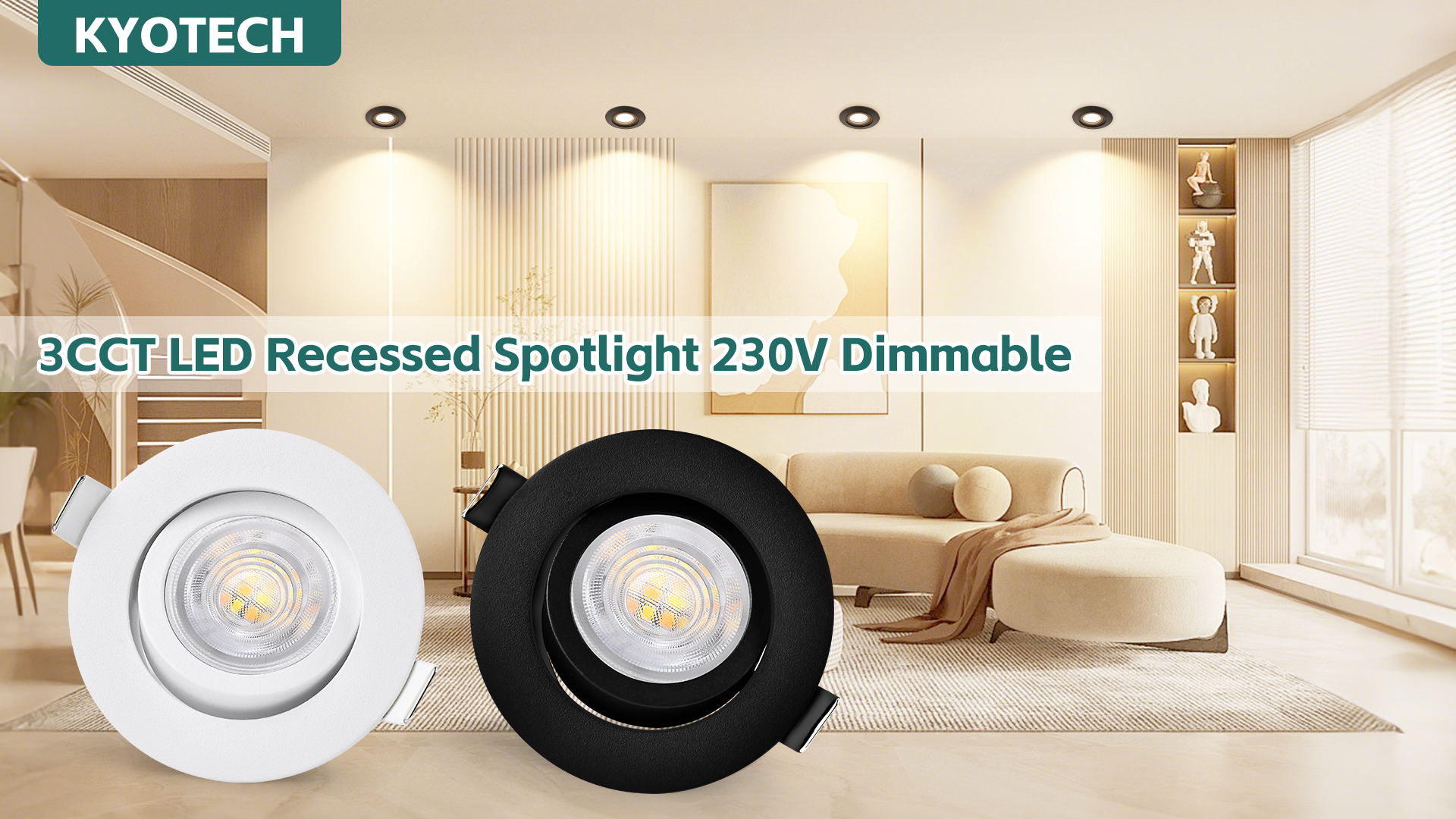 KYOTECH 3CCT Faretti LED Da Incasso Per Cartongesso Dimmerabile 68-75mm, 5W 550LM 230V Faretto Incasso Ultra Sottili, IP44 Faretti Da Incasso Ruotabile A 45° Per Bagno, Set Di 6 Nero - Foto 4