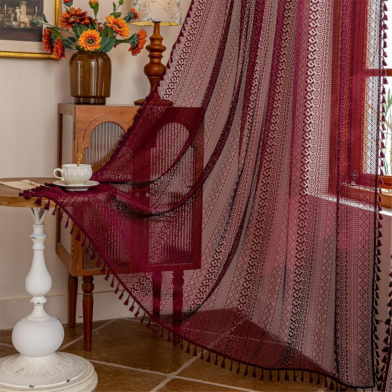 Sutuo Home Burgundy Boho Sheer Curtains 84 inches Long 2 Panels for Bedroom Living Room, Red Lace Curtains Crochet Bohemian Farmhouse Vintage Tassels Window Treatments Xmas Decor Rod Pocket, 50" W