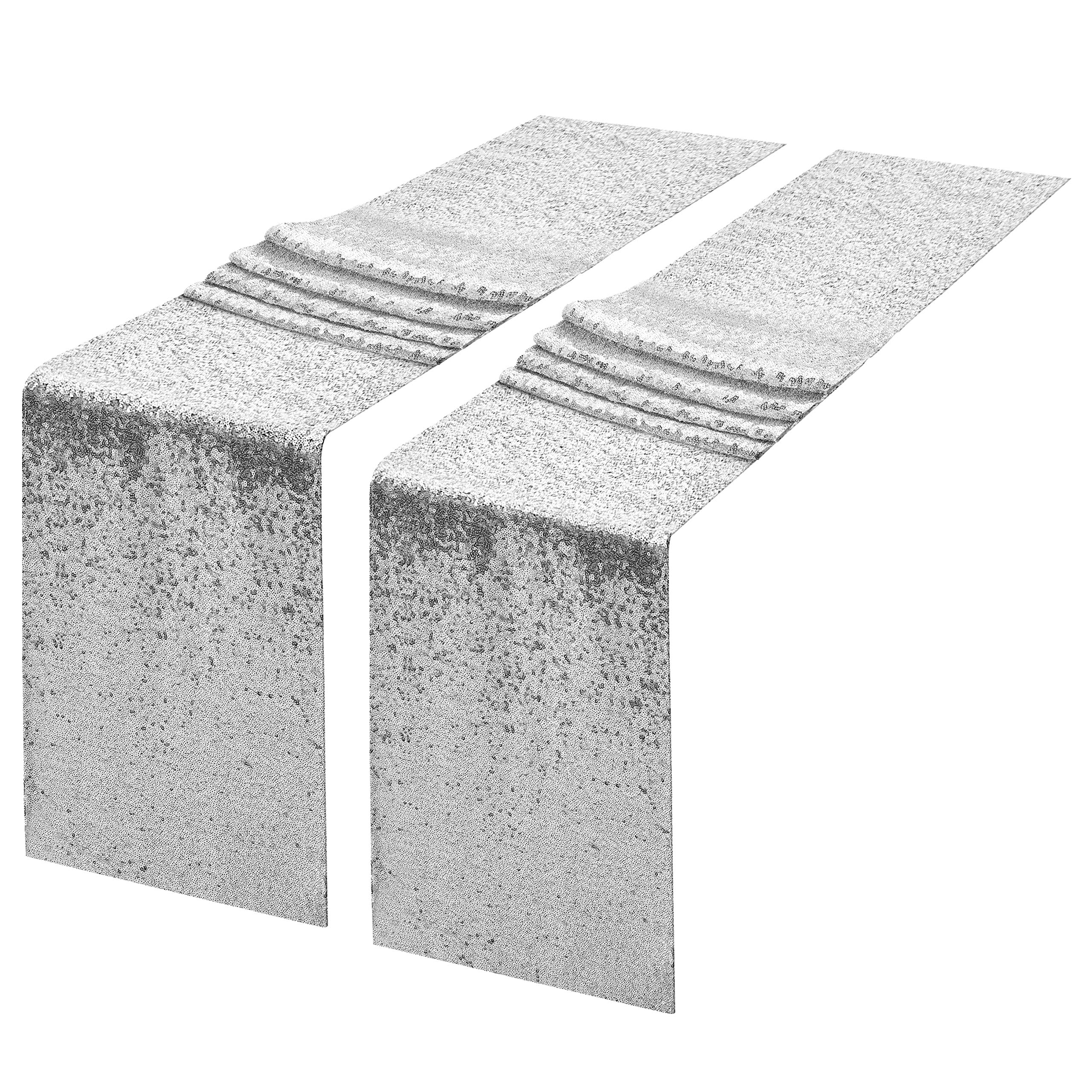 2 Packs 12 x 108 inches Silver Sequin Table Runner, Glitter Silver Table Runner for Wedding Birthday Bachelorette Holiday Party Supplies Decorations