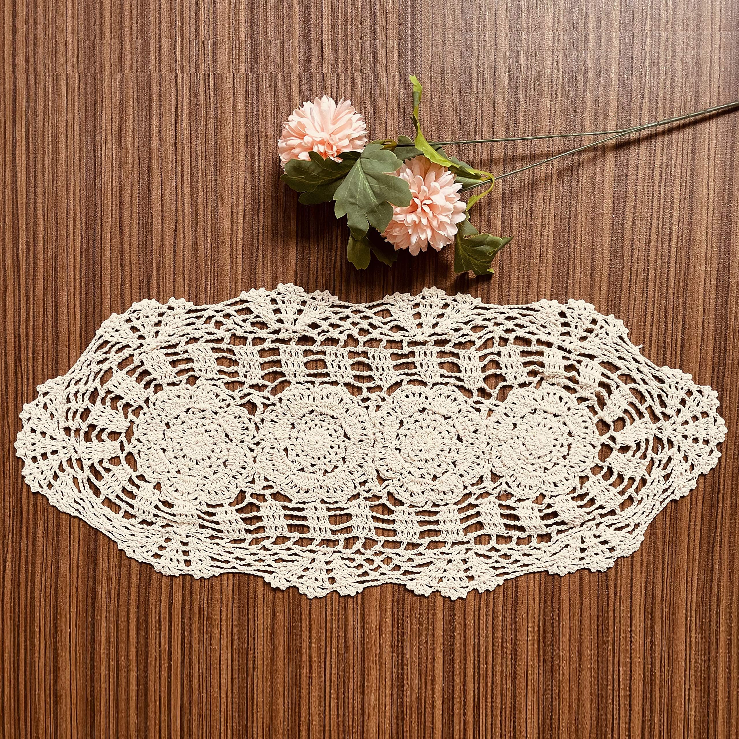 COOKY Handmade Crochet Doily Table Runners, Rustic Crochet Cloth Lace Doily Floral Table Placemats Oval Table Cloth for Home, Wedding, Party, Decoration, 11.5" x 23.5" (30cm x 60cm) - Beige