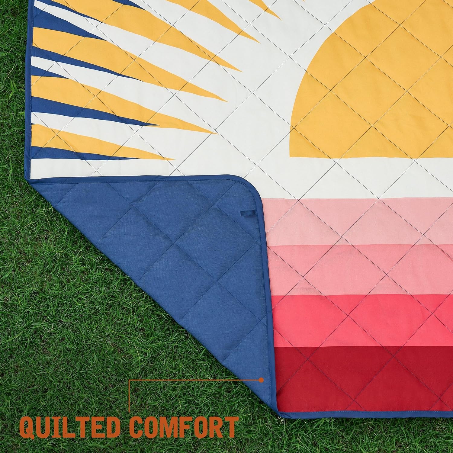 Weatherproof Vintage Waterproof Outdoor Blanket- Blue and Yellow Roll Up Throw Blanket with Handle, Velcro Closure - Camping Supplies, Travel Blanket for Beach, Picnic & Events, 60"x72" (Big Sun)