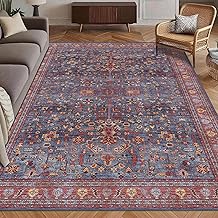 Washable Area Rug 5' x 7' Vintage Traditional Persian Mat - Foldable Distressed Non-Slip Machine Washable Carpet for Living Room Bedroom Kitchen Home Decor - Indigo and Crimson