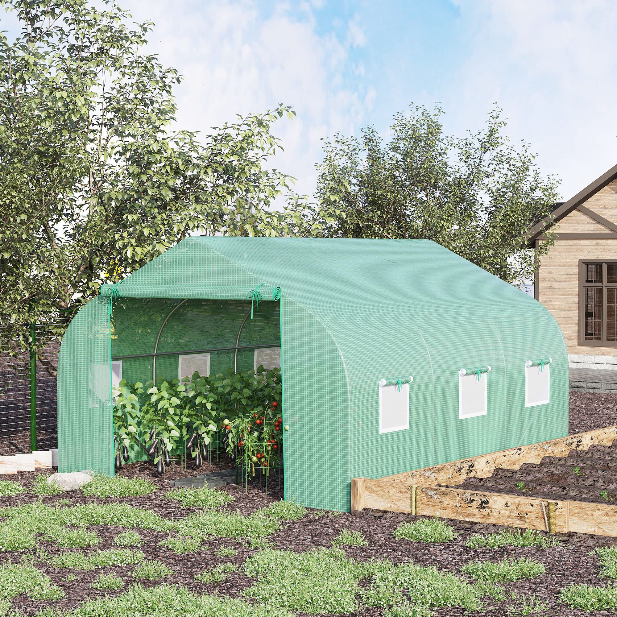 Outsunny Serra da Giardino a Tunnel con Porta Avvolgibile, 6 Finestre e Tetto a Spiovente, Serra per Orto in PE per Piante, 3.5x3x2 m, Verde Scuro