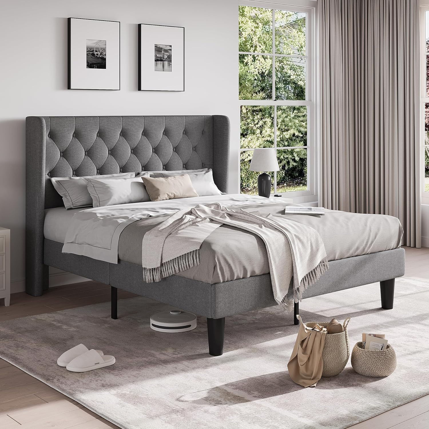HOOMIC Classic King Size Bed Frame with Button Tufted Wingback Headboard, Upholstered Platform Bed with Strong Wooden Slats Support, No Box Spring Needed, Light Grey