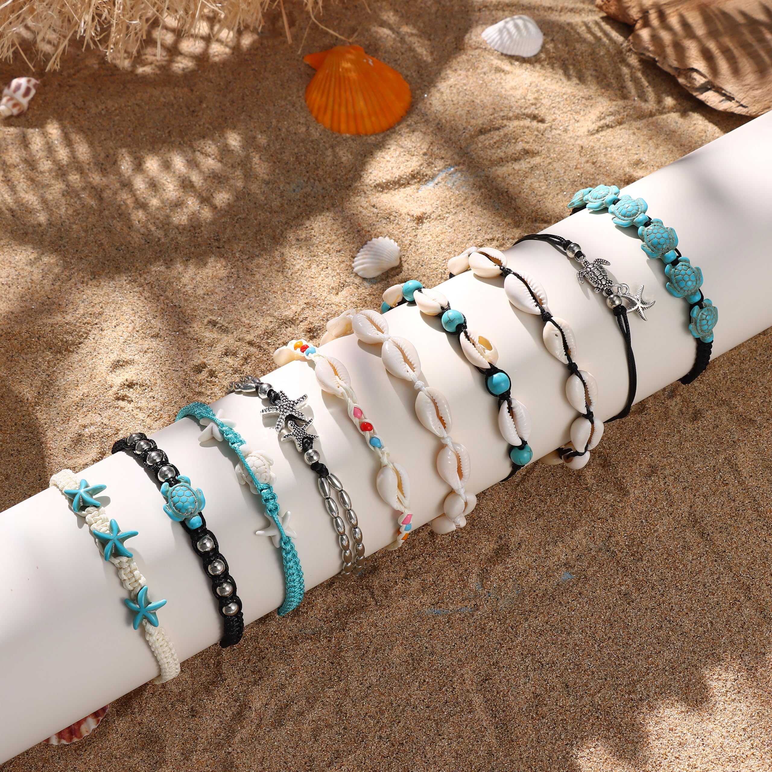 Tobillera de tortuga de concha hecha a mano, bohemia, ajustable, natural, cauri, playa, cuentas, para mujer, 10 unidades, Cuerda trenzada 7