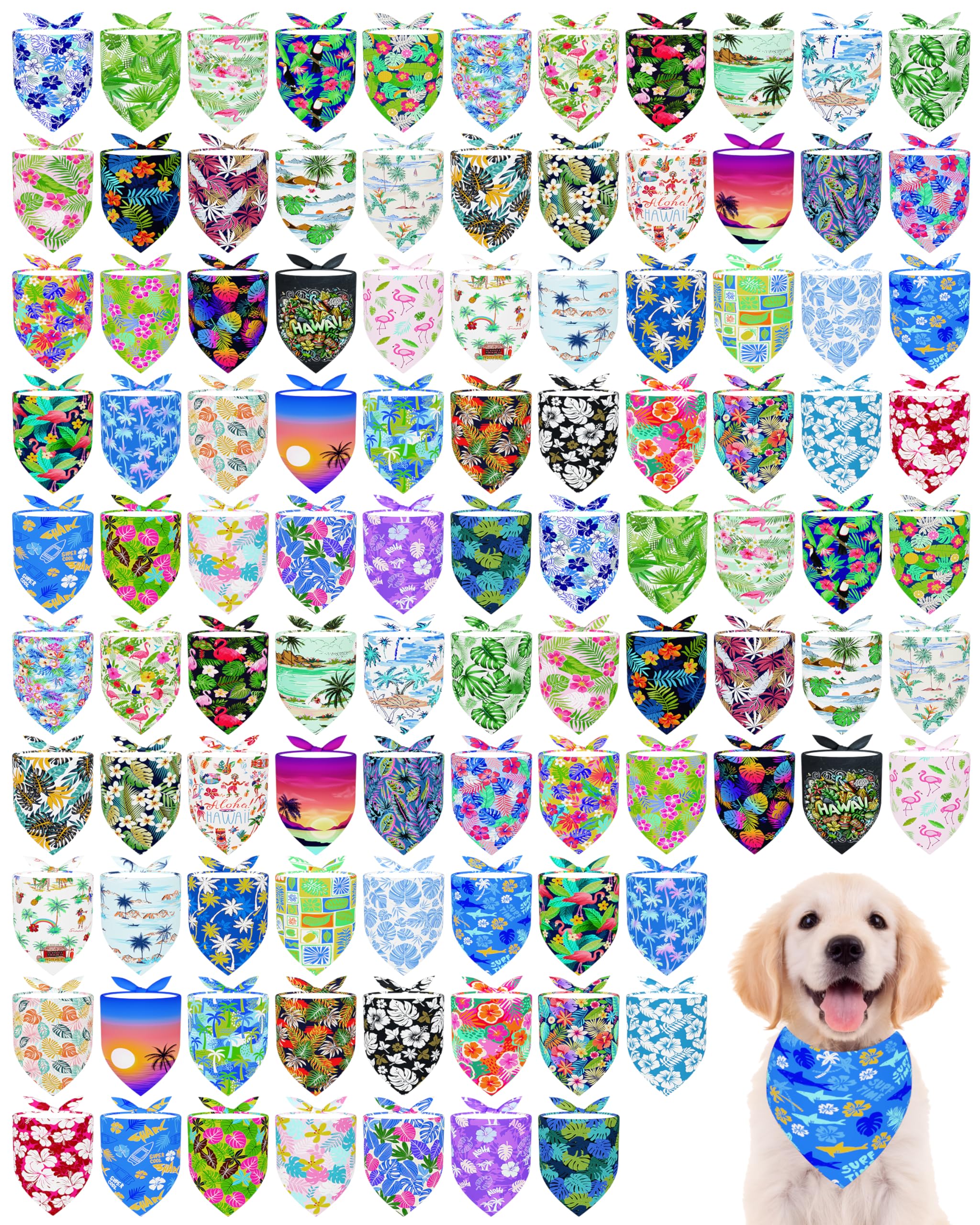 PET SHOW 100 Pack Hawaiian Dog Bandanas Bulk Seamless for Small Medium Dogs Male Female Puppies Washable Summer Scarf Triangle Bibs Pets Holiday Parties Grooming Accessories