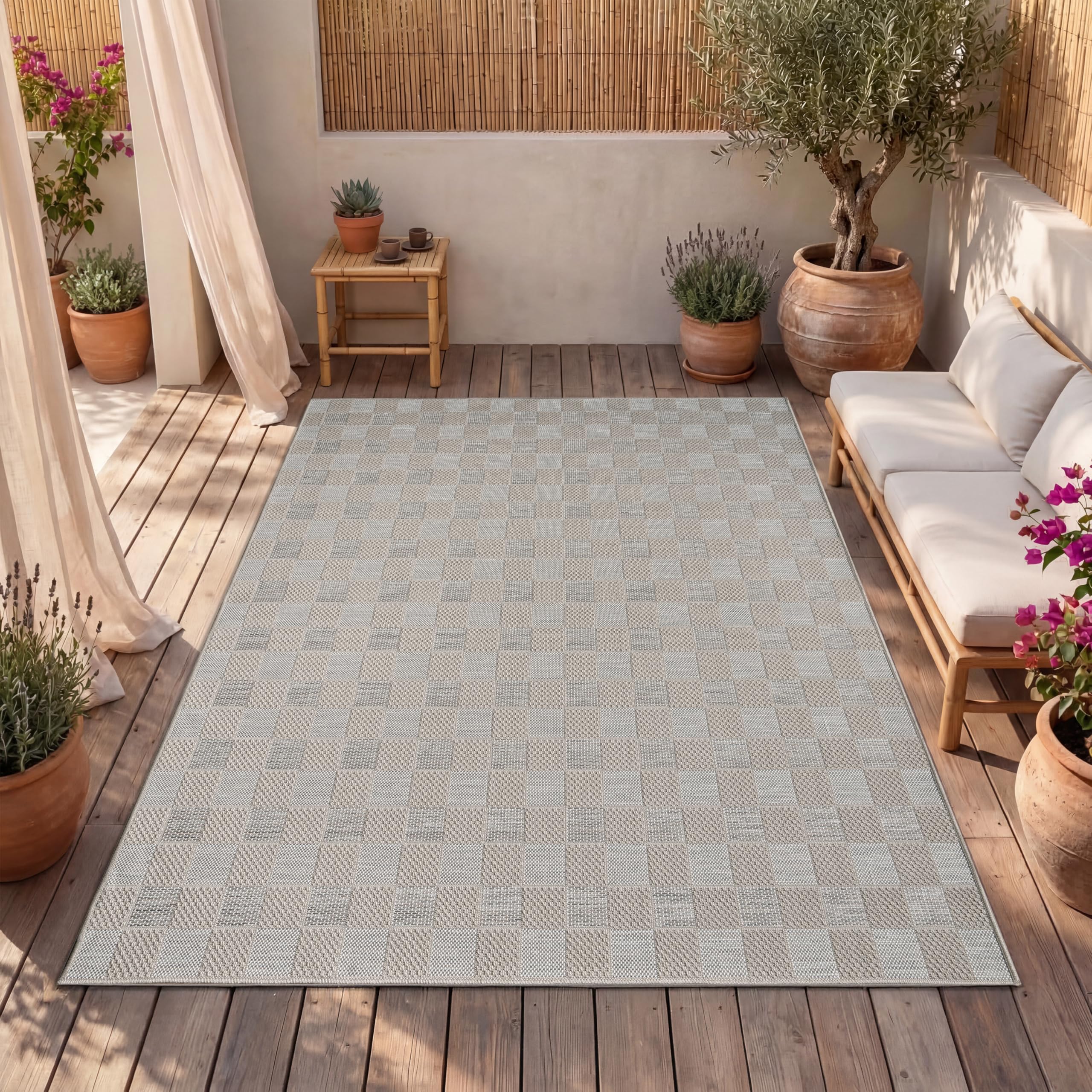 Tapis extérieur Paco Home résistant à l'humidité beige 150 cm carré pour balcon et cuisine