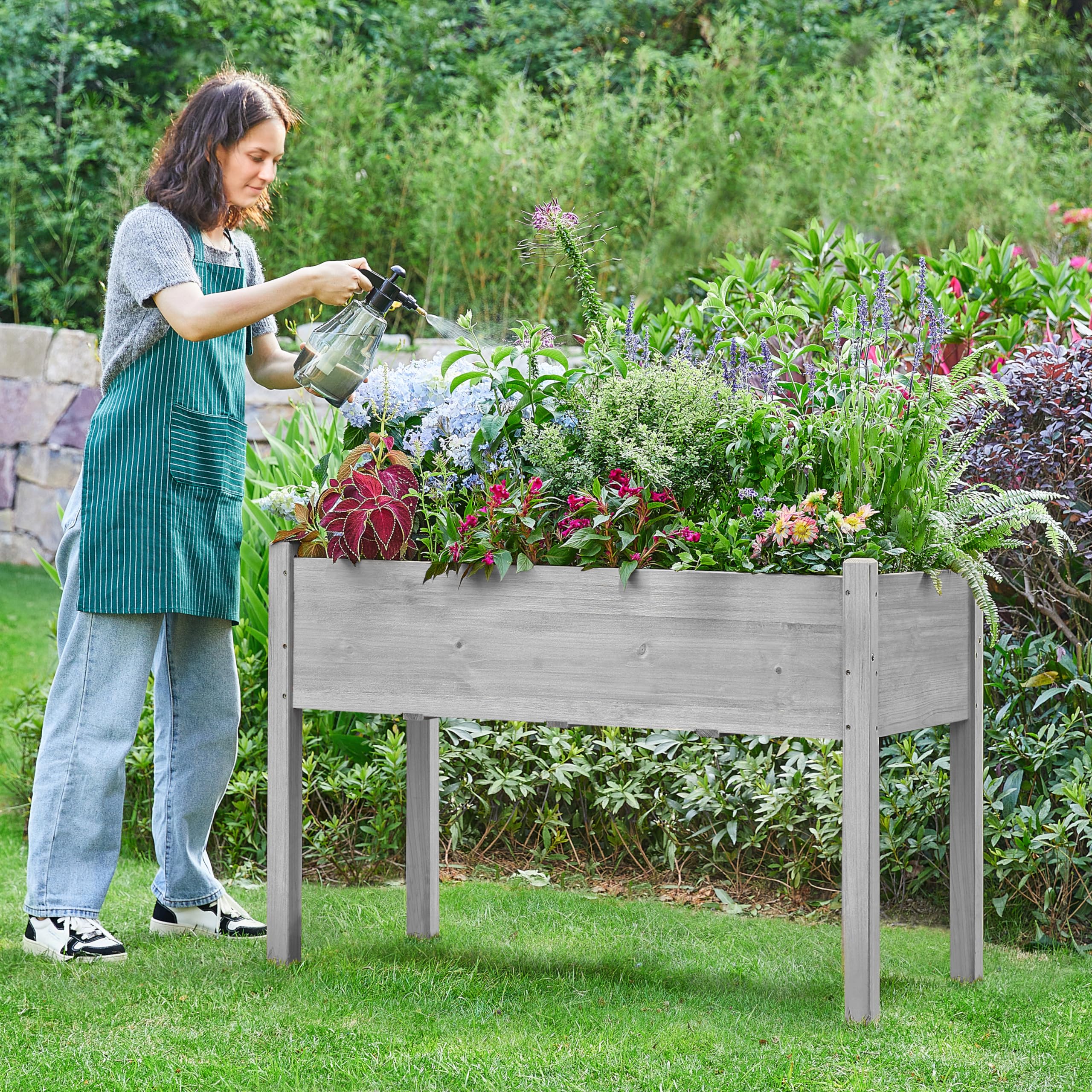 Yaheetech Jardinera Elevado de Madera Huerto Urbano Terraza Mesa de Cultivo para Cultivo Flores Verduras Hierbas 120.5x59x76.5 cm Gris