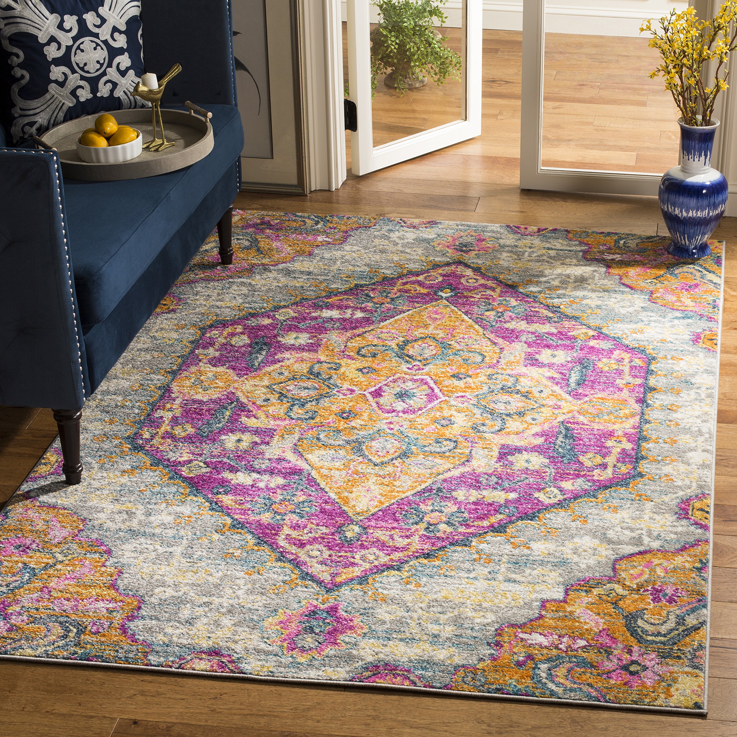SAFAVIEH Madison Collection Area Rug - 6' x 9', Light Grey & Fuchsia, Boho Chic Medallion Design, Non-Shedding & Easy Care, Ideal for High Traffic