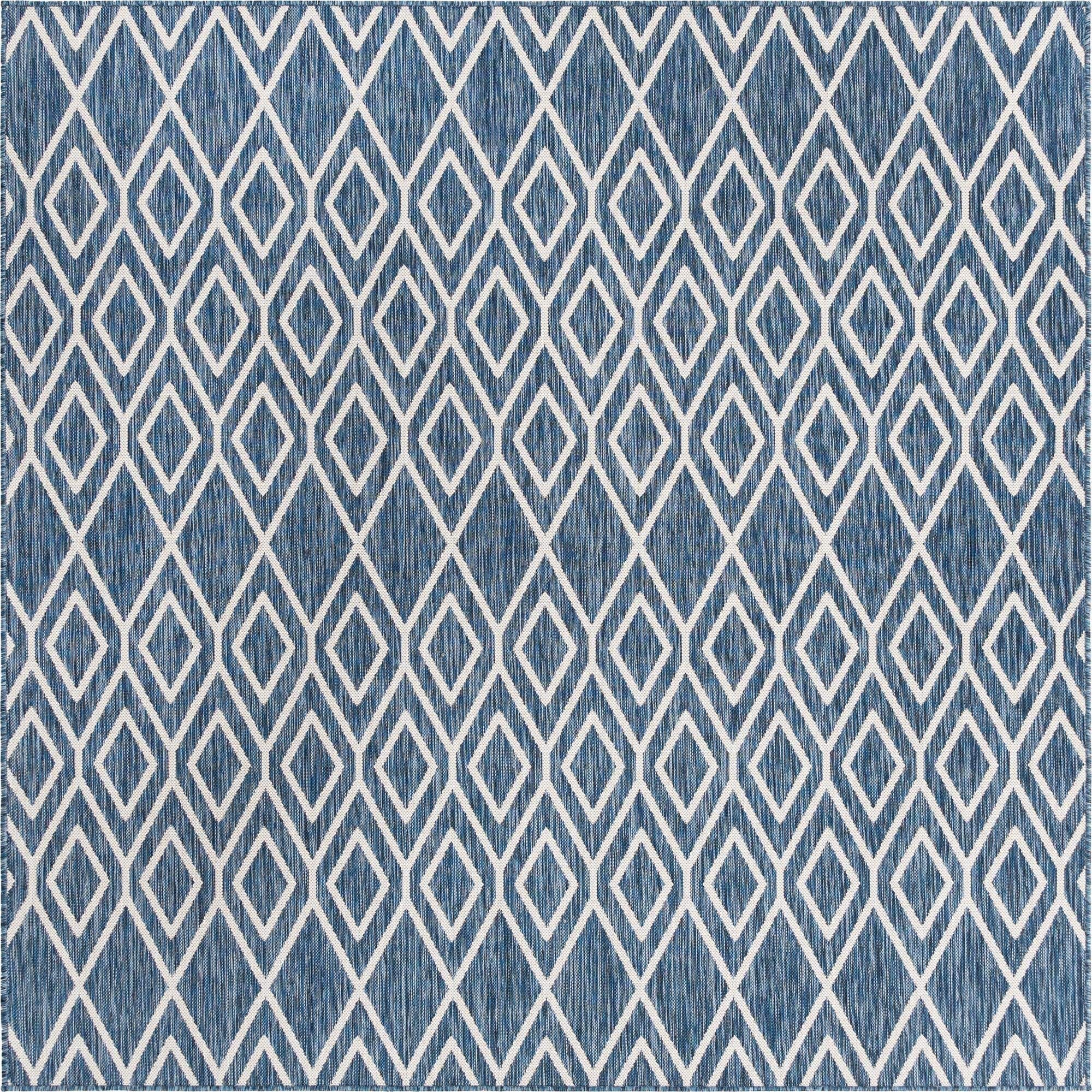 Unique Loom Jill Zarin Outdoor Collection Geometric Diamonds Blue/Ivory Square Rug (7' 10 x 7' 10)