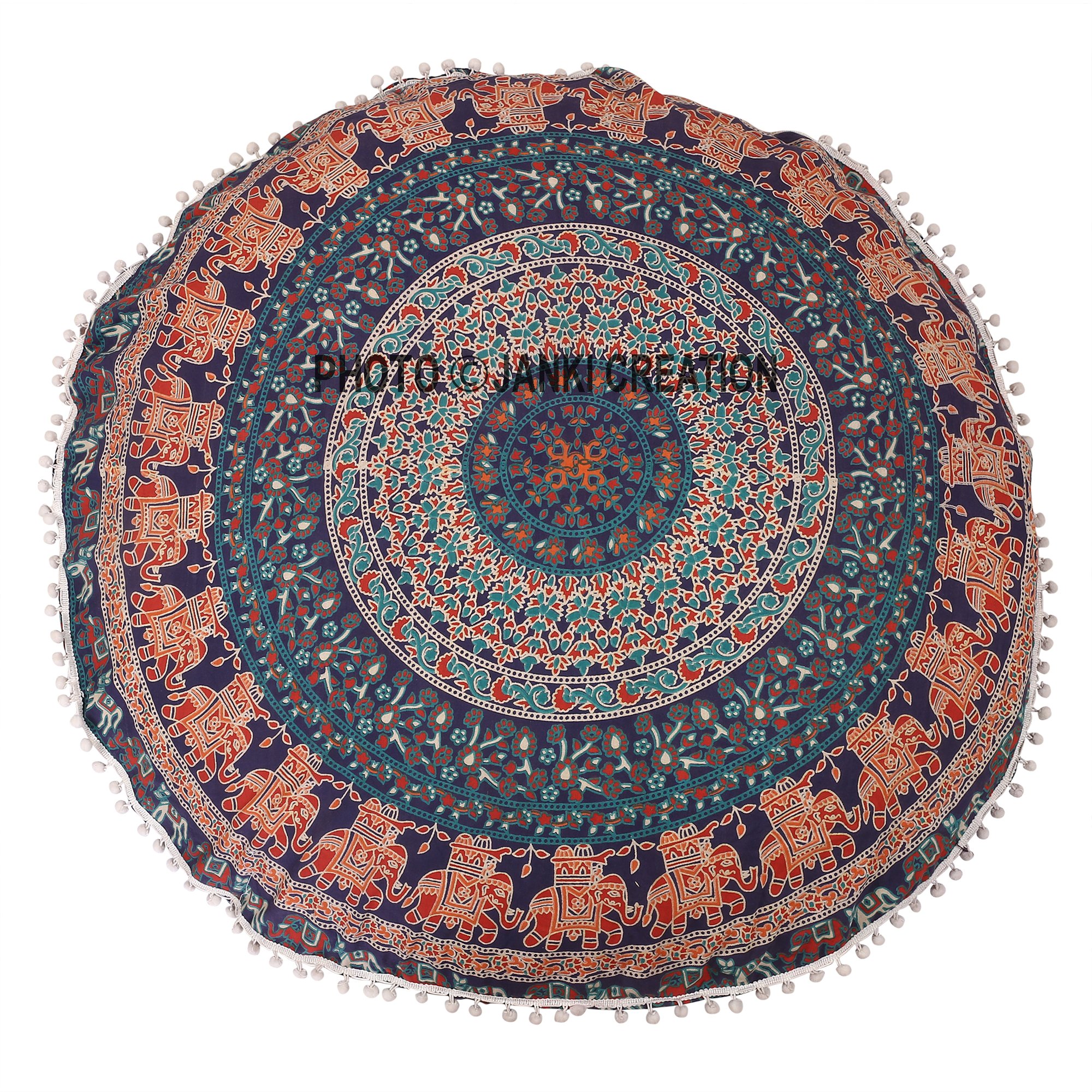 Bobo Dorm Decor Mandala Cotton Round Floor Indian Pom Pom Cotton Hippie Mandala Bohemian Mandala Throw Cotton Hippie Boho Home Decor Round Only One Cushion Cover By " Janki Creation " Pouf,